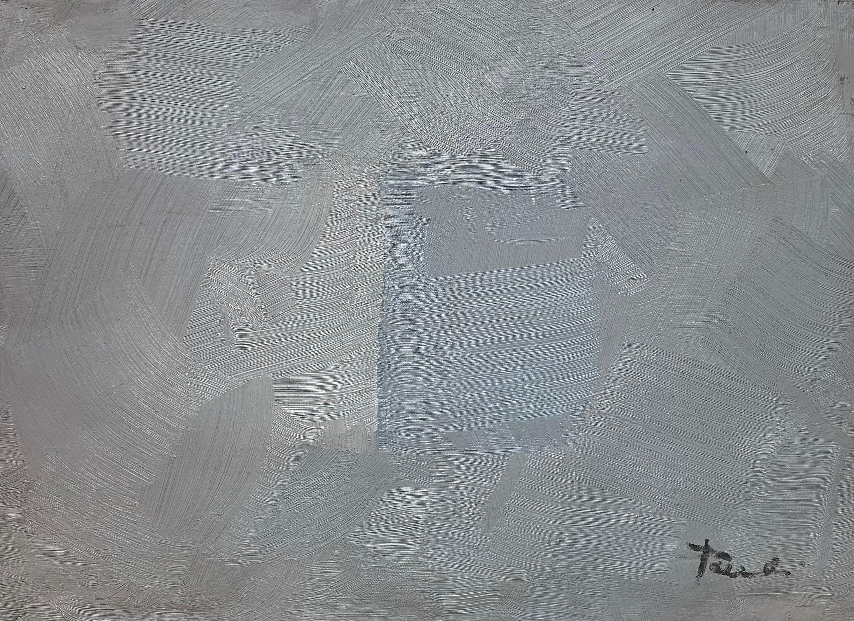 Abat-jour gris/bleu par Gilbert Pauli - Huile sur toile 21x29 cm en vente 1