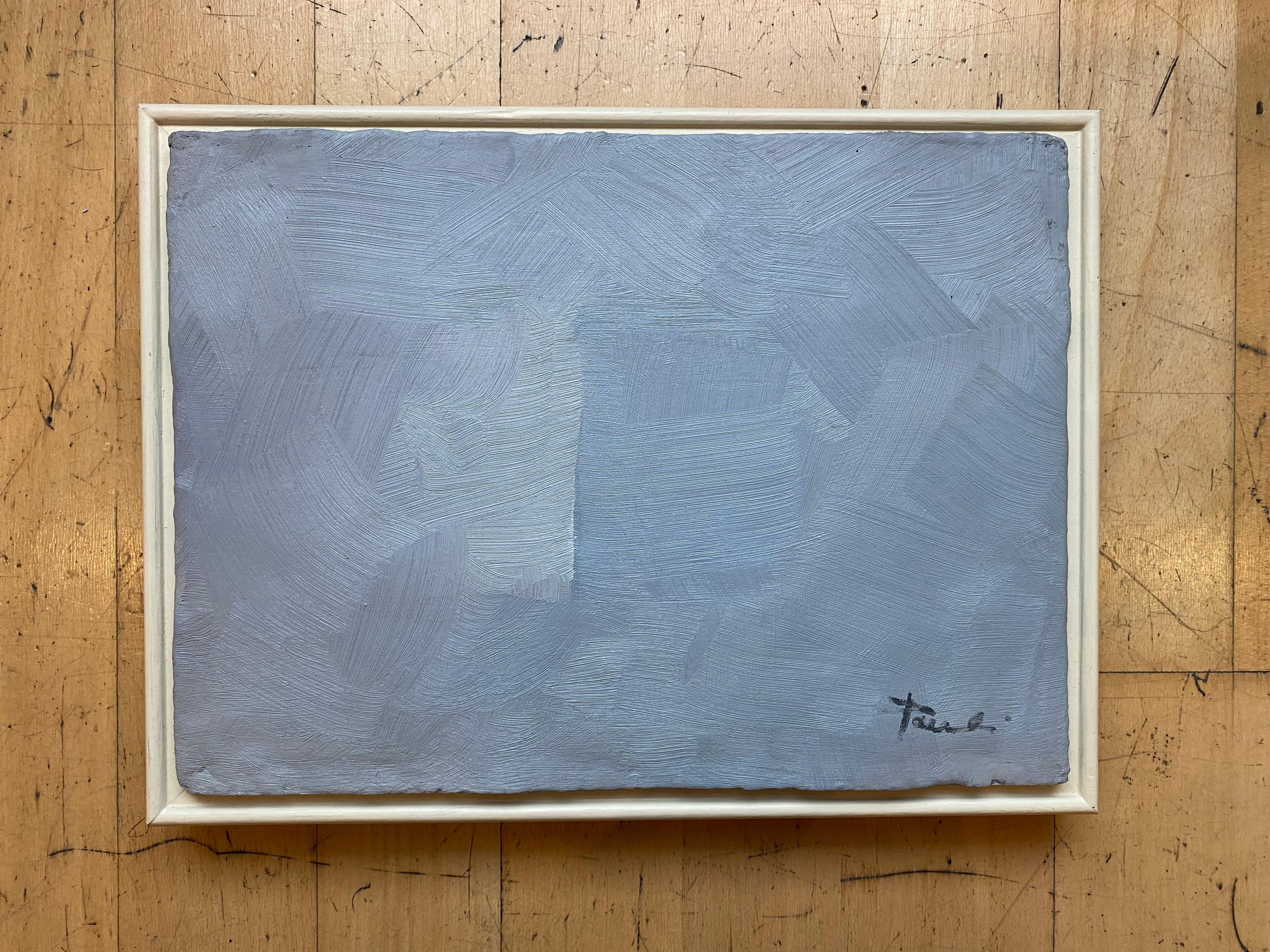 Abat-jour gris/bleu par Gilbert Pauli - Huile sur toile 21x29 cm en vente 3