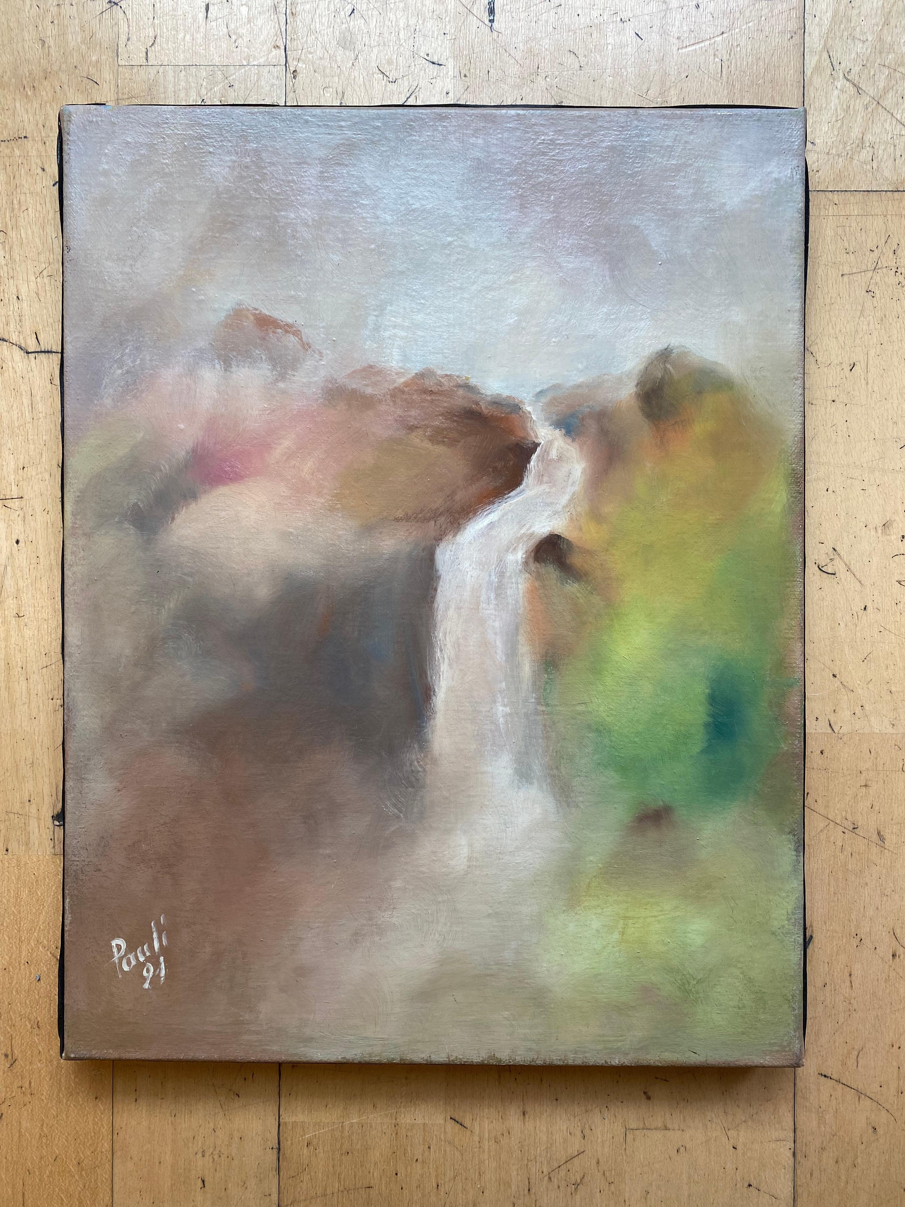 Cascade au pastel de Gilbert Pauli - Huile sur toile 27x35 cm en vente 1