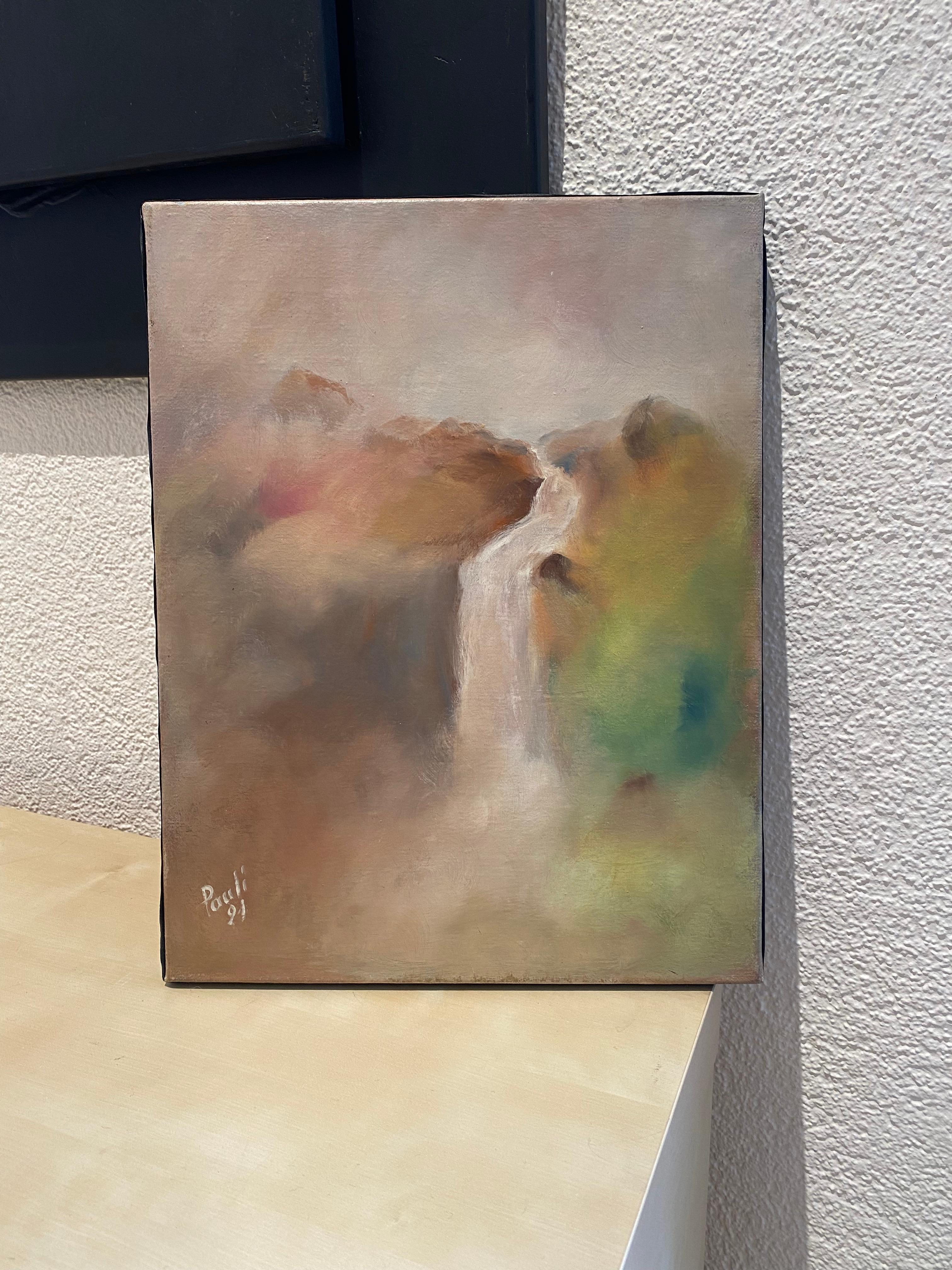 Pastel waterfall by Gilbert Pauli - Oil on canvas 27x35 cm For Sale 5