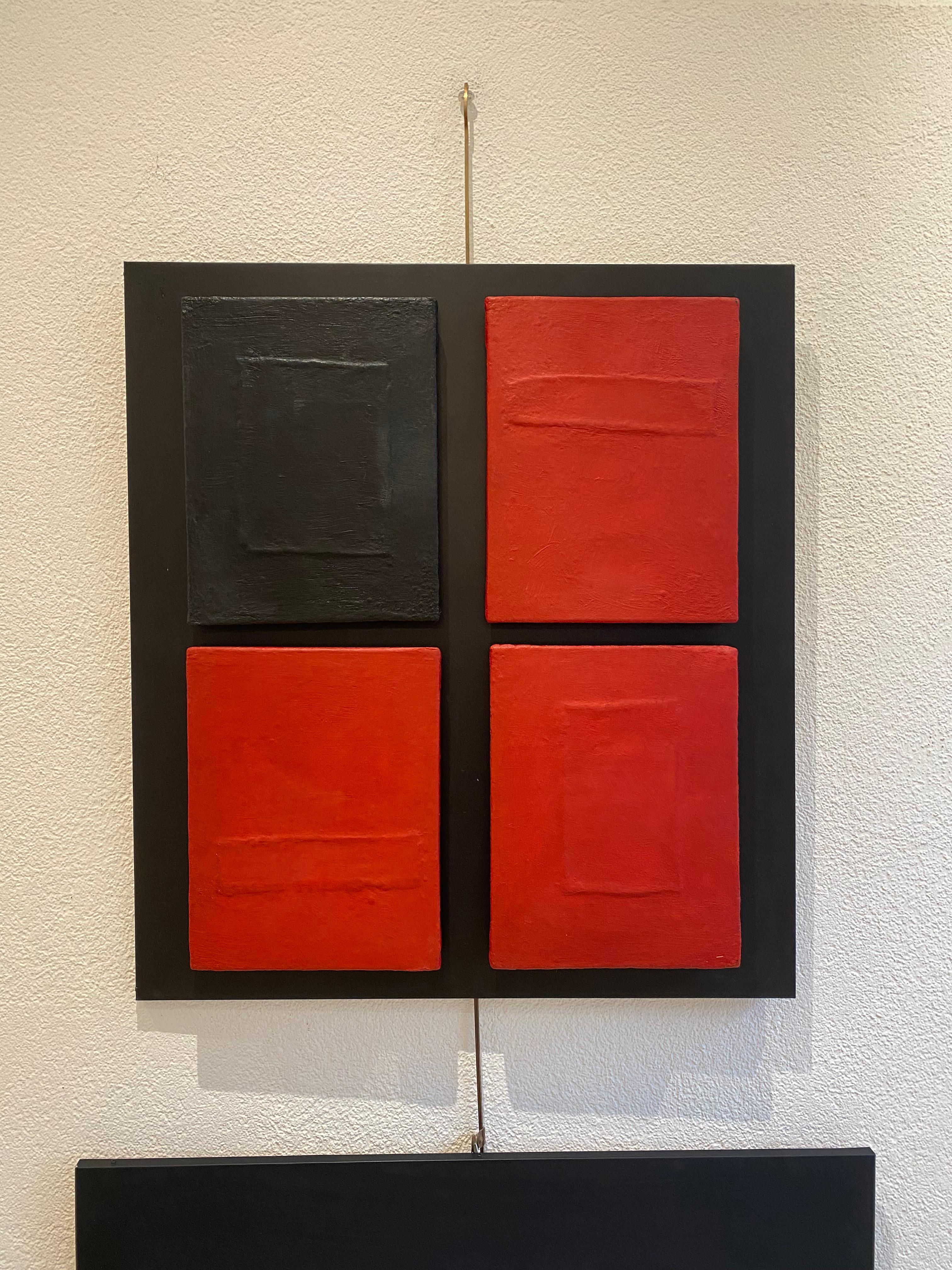 Red and black composition by Gilbert Pauli - Mixed media 83x75 cm For Sale 1