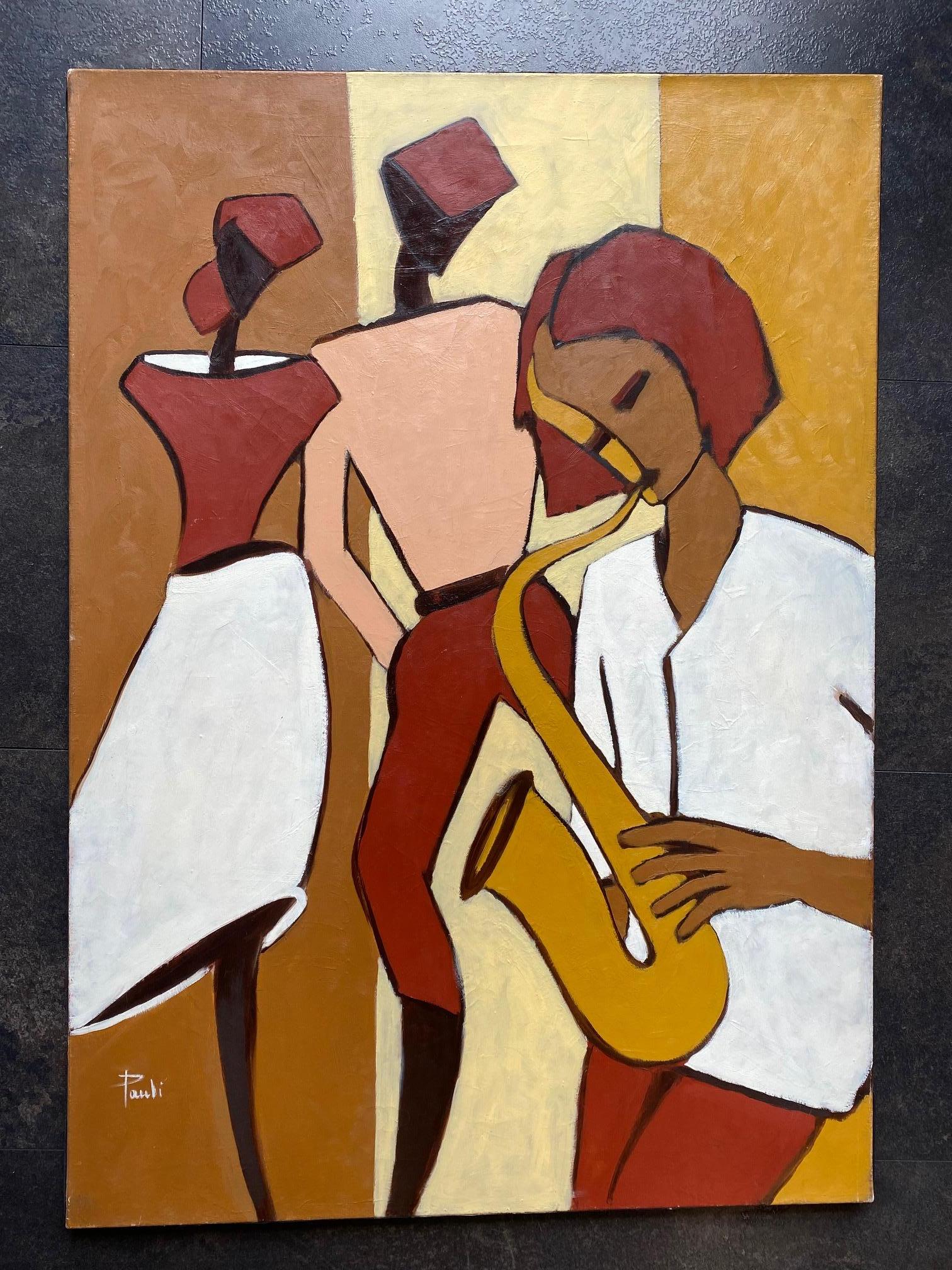 The Saxophonist by Gilbert Pauli - Oil paint on canvas 98x65 cm For Sale 1