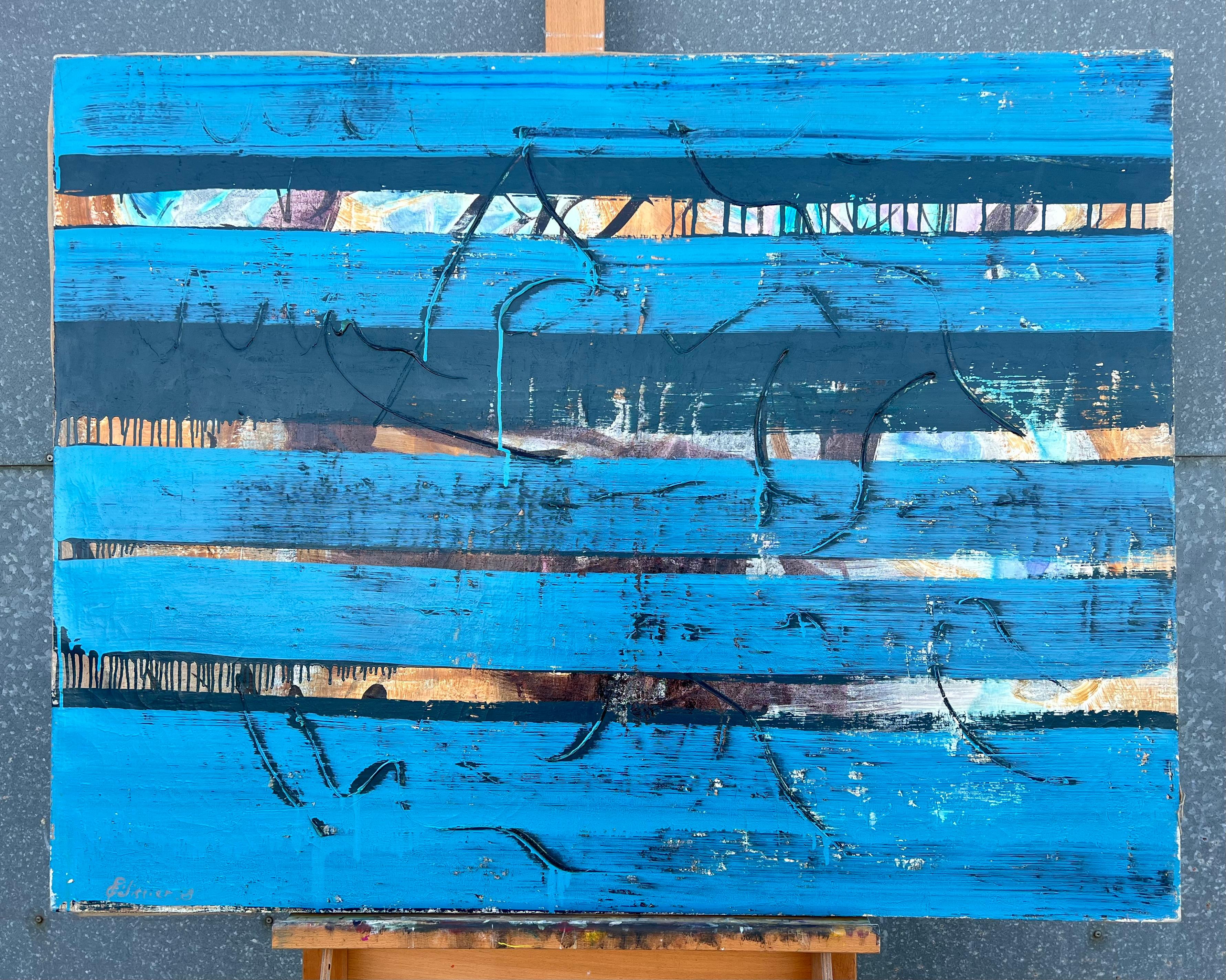 Pittura astratta francese degli anni '60 Strati blu Composizione astratta testuale - Painting di Gilbert Pelissier