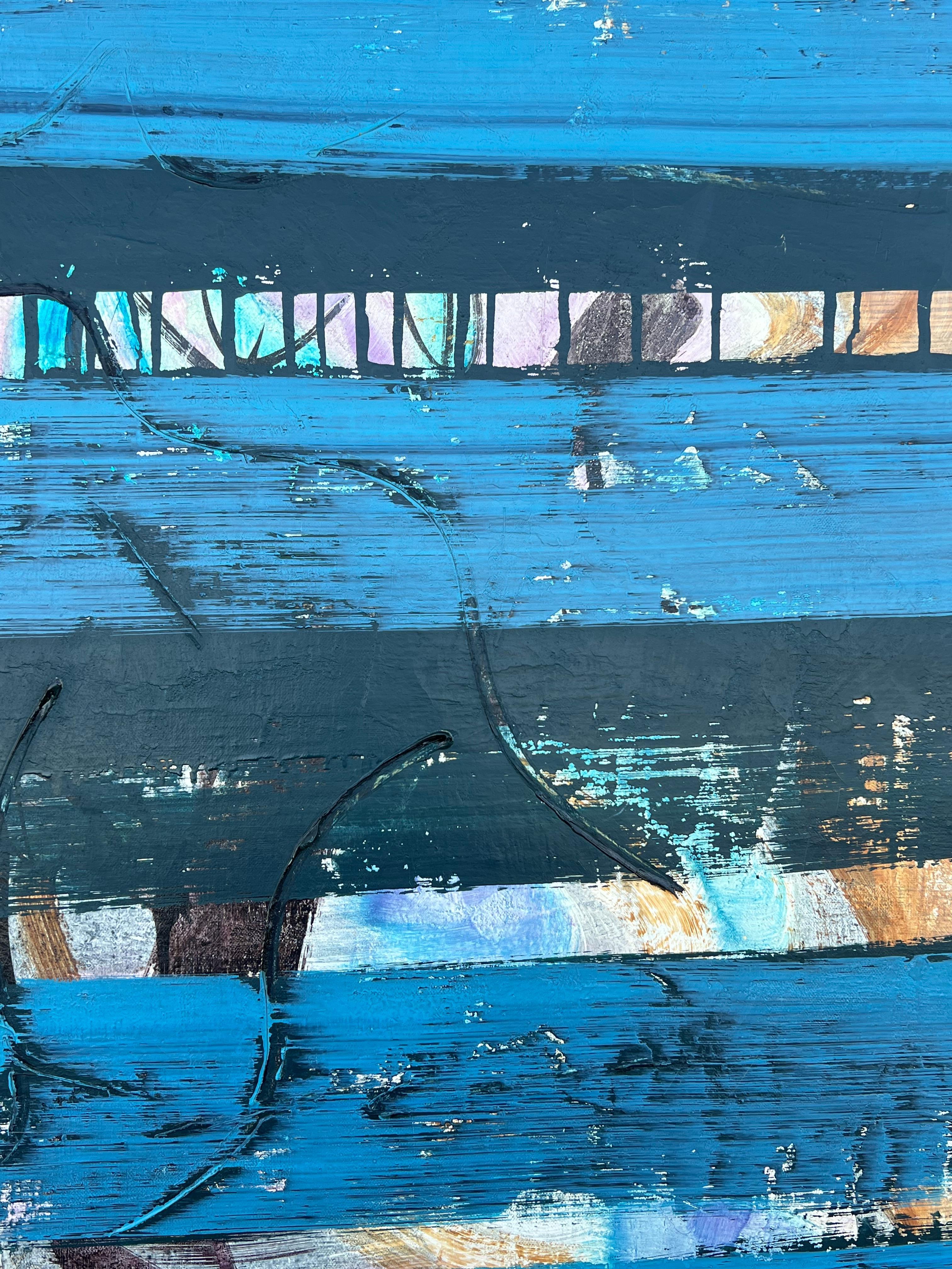 Pittura astratta francese degli anni '60 Strati blu Composizione astratta testuale - Painting Espressionismo astratto di Gilbert Pelissier