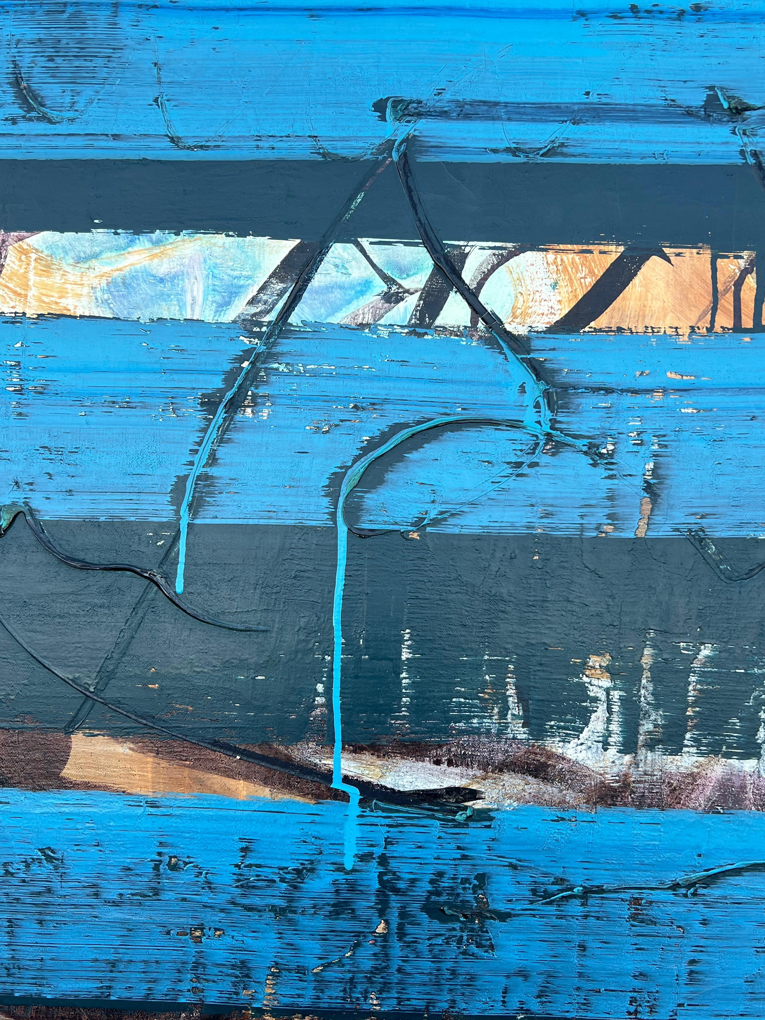 Pittura astratta francese degli anni '60 Strati blu Composizione astratta testuale - Landscape Painting Blu di Gilbert Pelissier