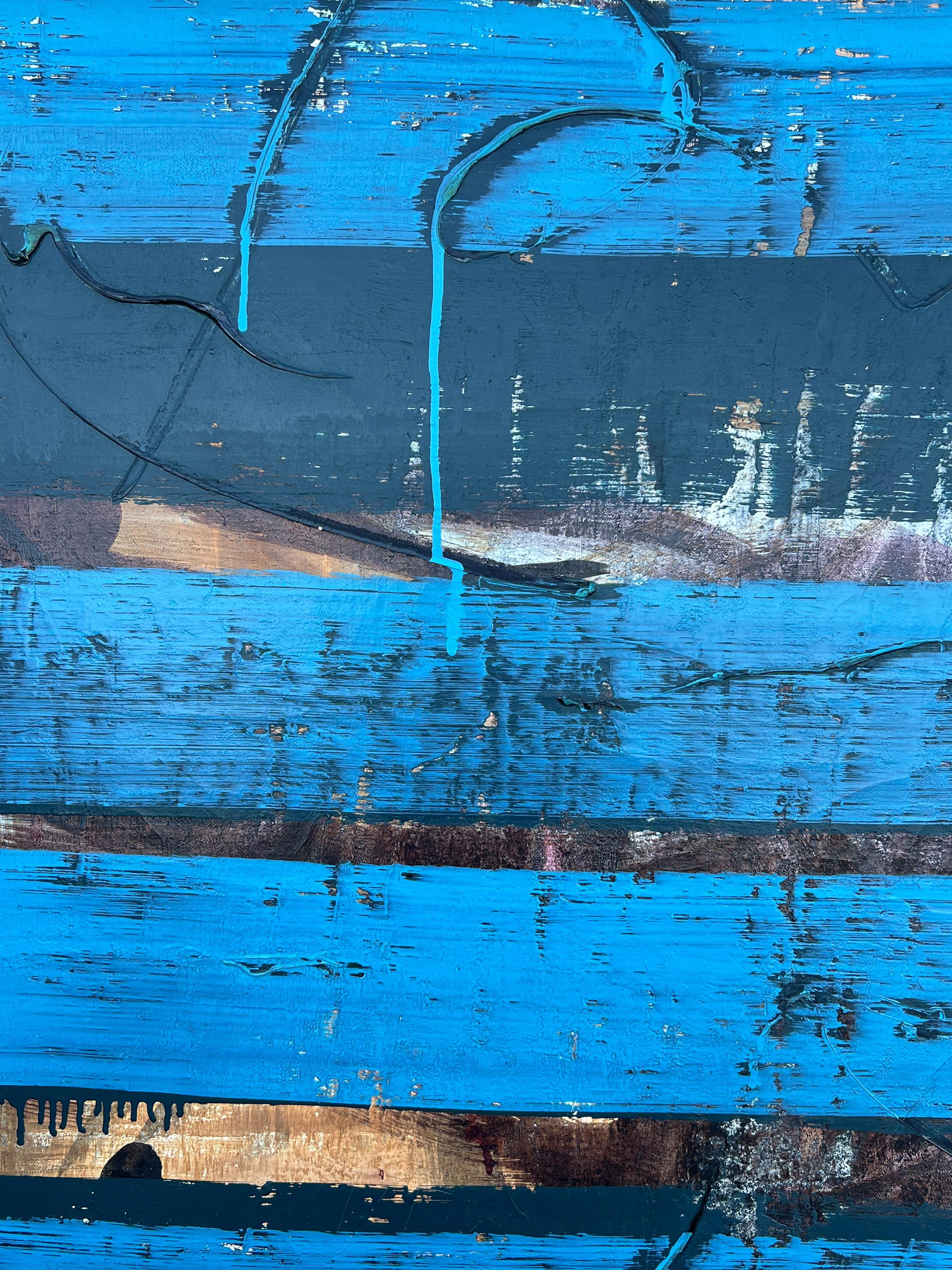 Pittura astratta francese degli anni '60 Strati blu Composizione astratta testuale in vendita 1