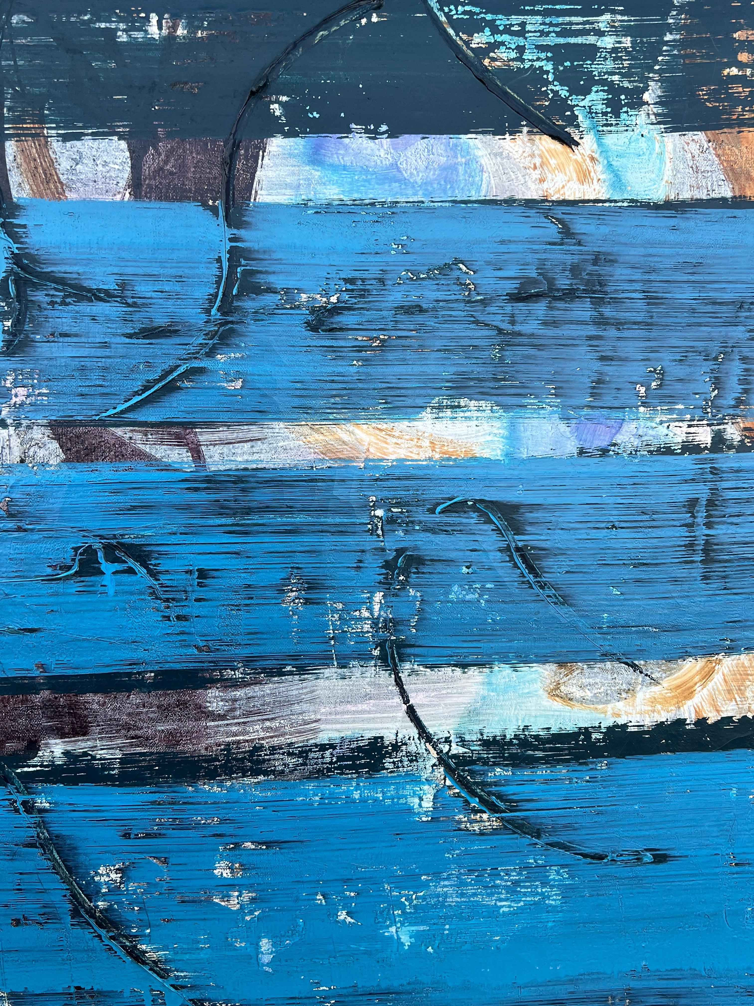Pittura astratta francese degli anni '60 Strati blu Composizione astratta testuale in vendita 2