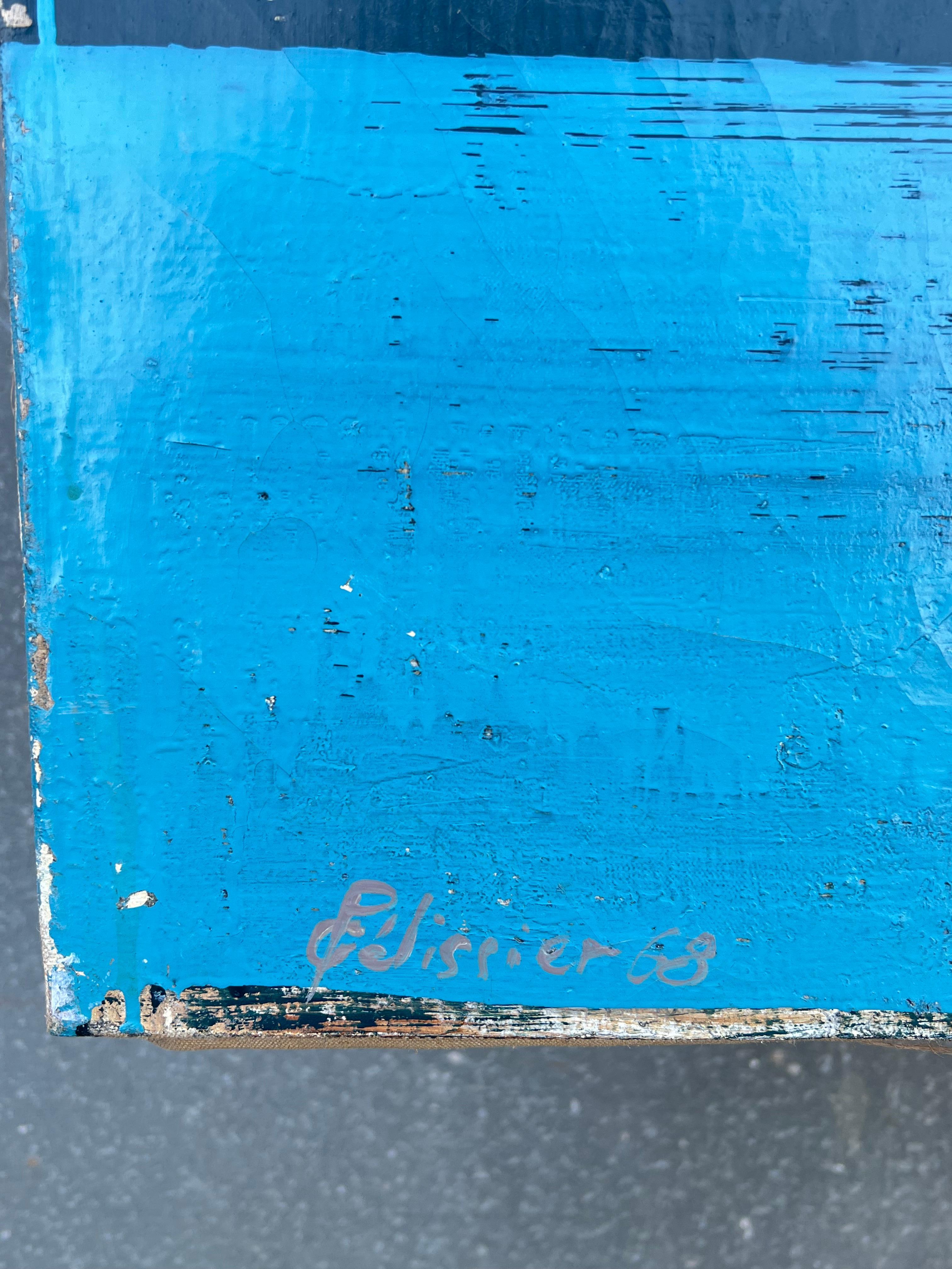 Pittura astratta francese degli anni '60 Strati blu Composizione astratta testuale in vendita 3