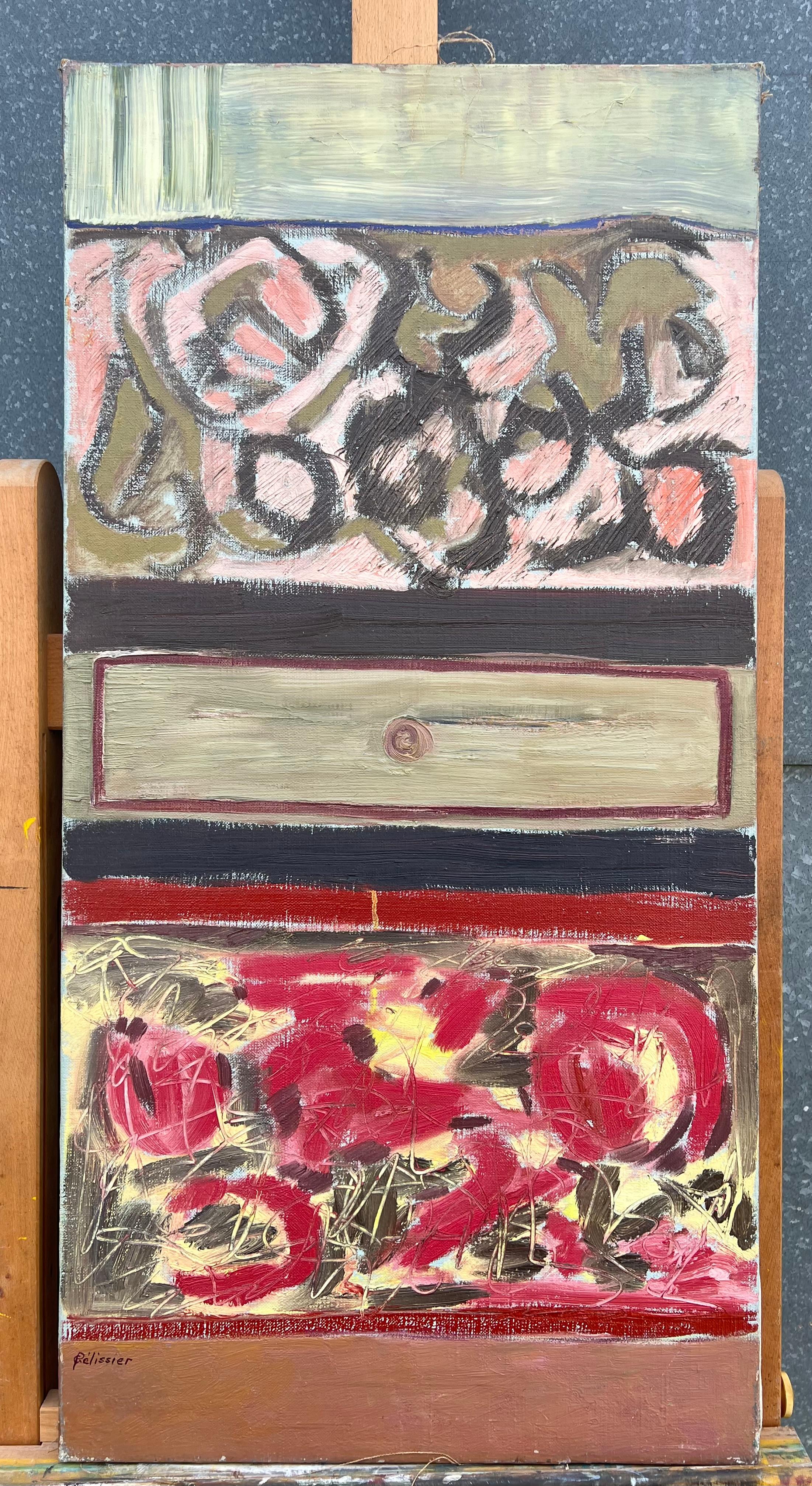 1960's French Large Oil Layers of Expression Textured Abstract Red & Yellows - Abstract Expressionist Painting by Gilbert Pelissier