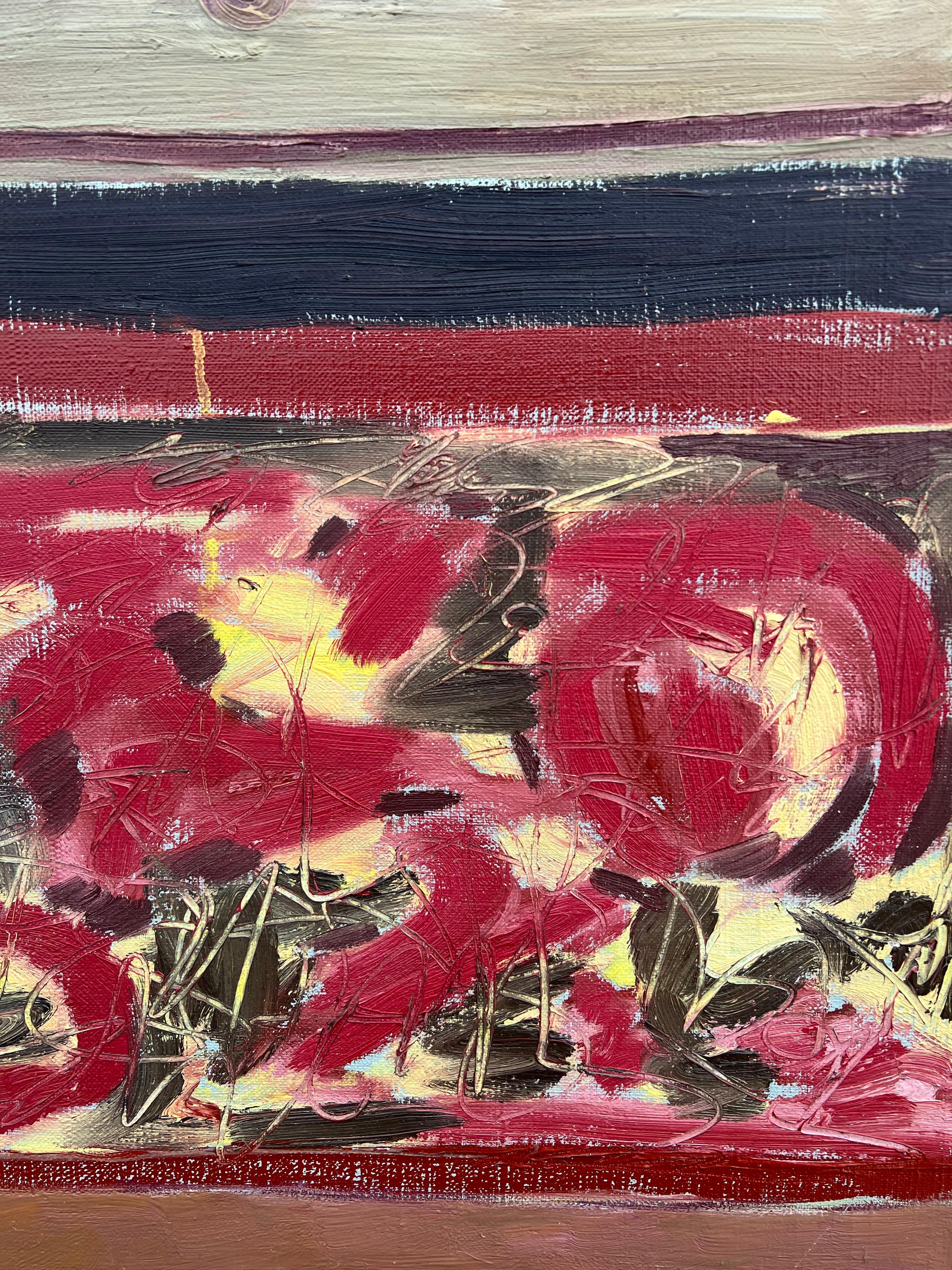 1960's French Large Oil Layers of Expression Textured Abstract Red & Yellows - Black Landscape Painting by Gilbert Pelissier