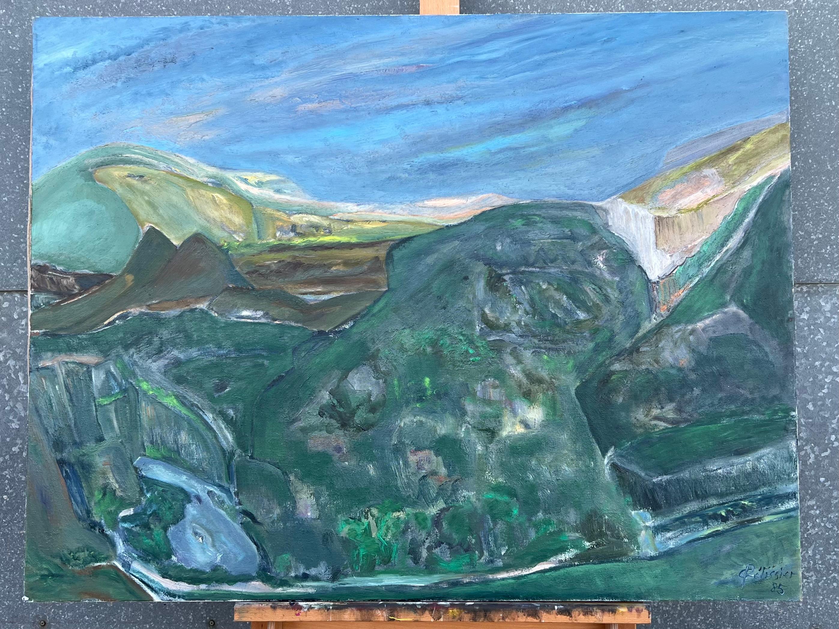 Pintura expresionista francesa de los años 80 Paisaje verde de colinas y valles ondulantes - Painting de Gilbert Pelissier