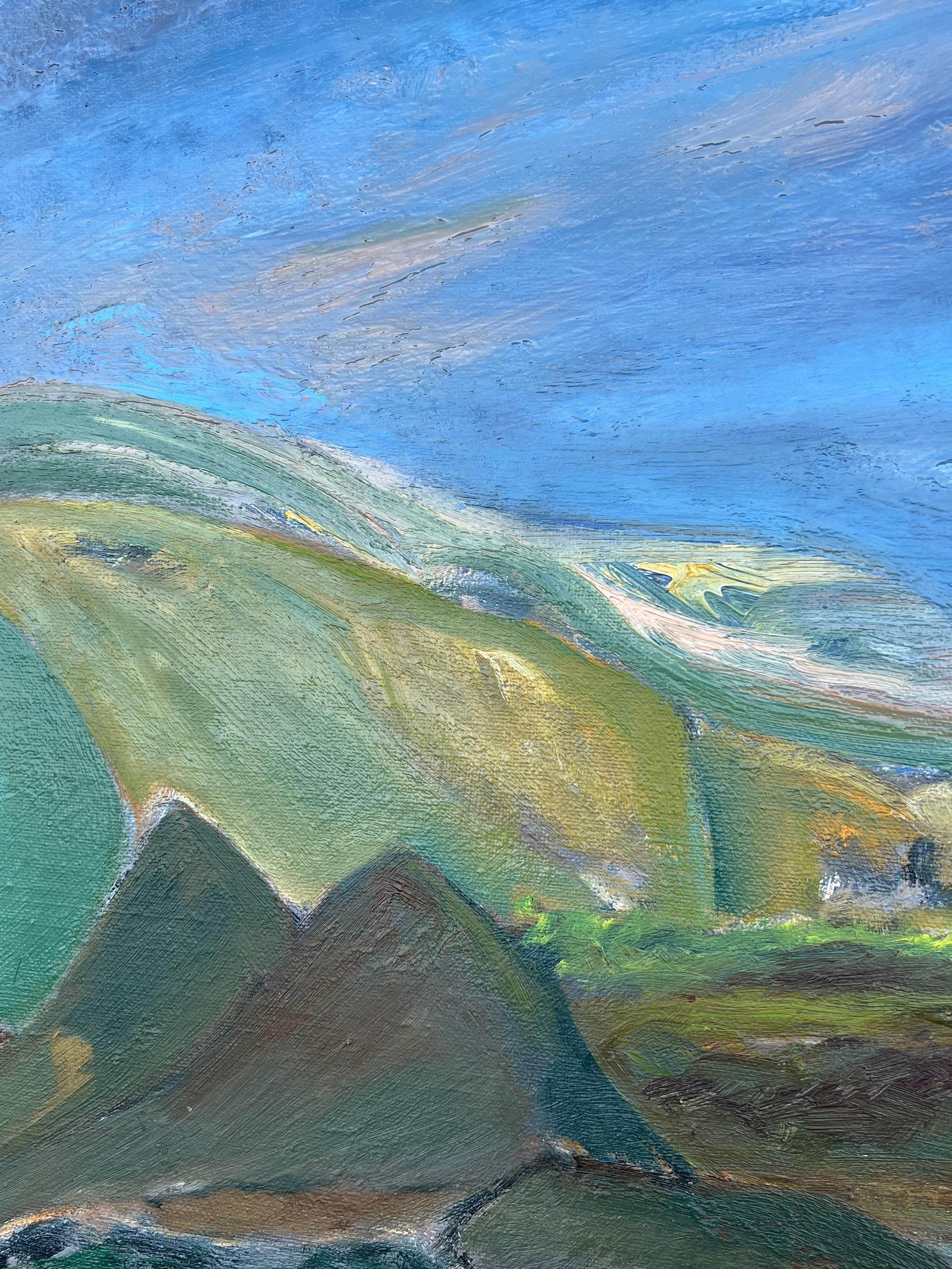 Pintura expresionista francesa de los años 80 Paisaje verde de colinas y valles ondulantes en venta 1