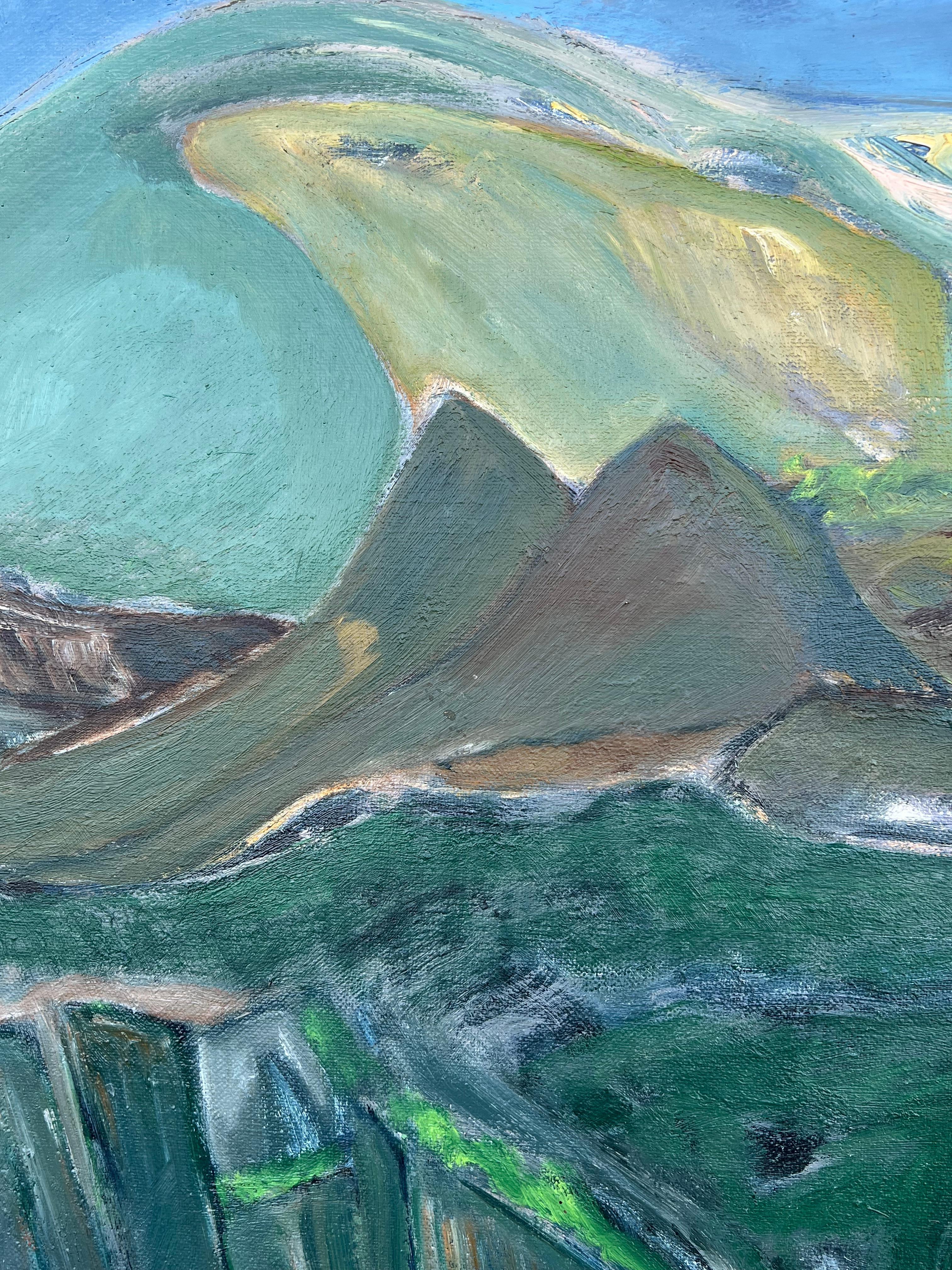 Pintura expresionista francesa de los años 80 Paisaje verde de colinas y valles ondulantes en venta 2