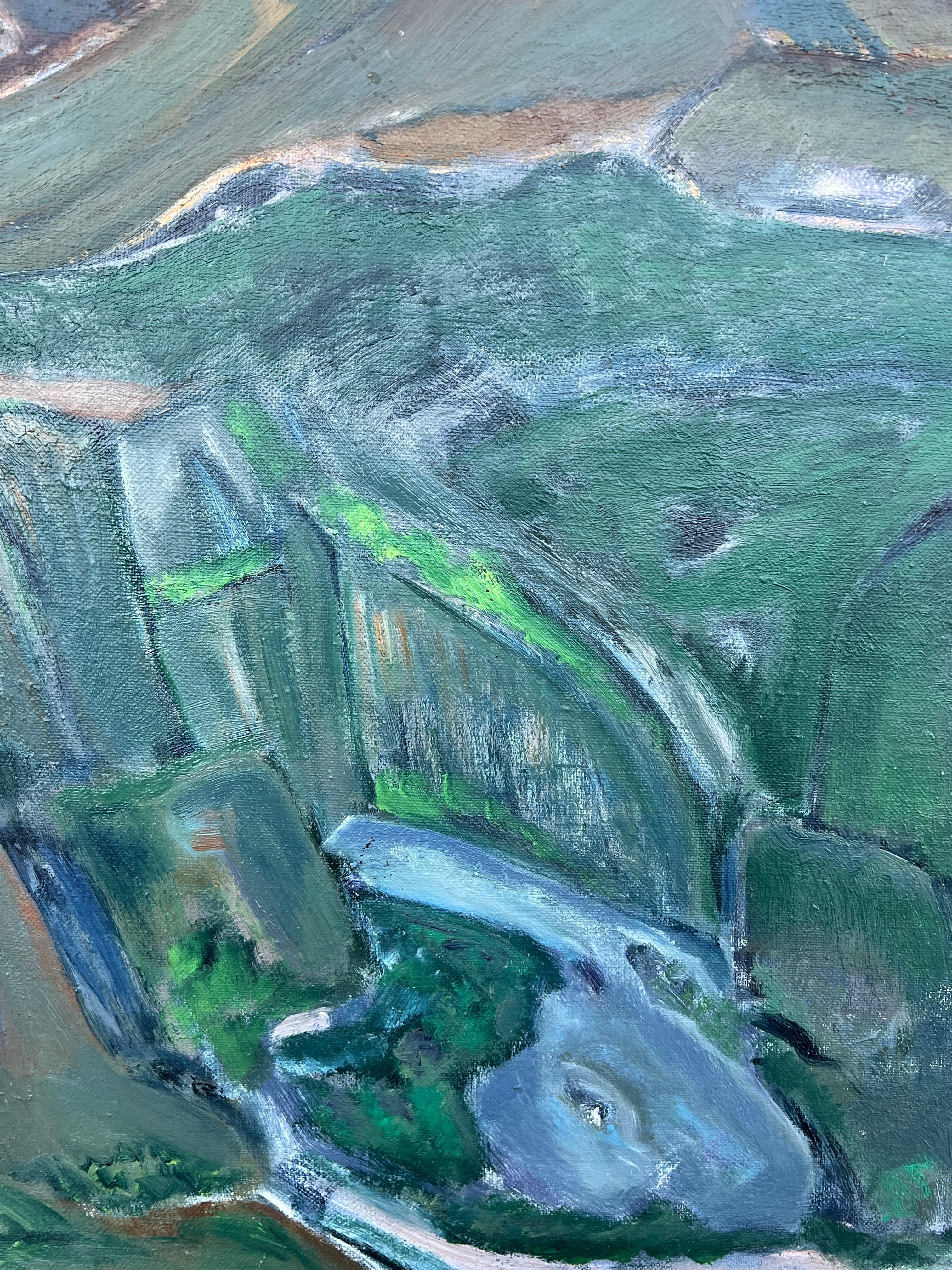 Pintura expresionista francesa de los años 80 Paisaje verde de colinas y valles ondulantes en venta 3