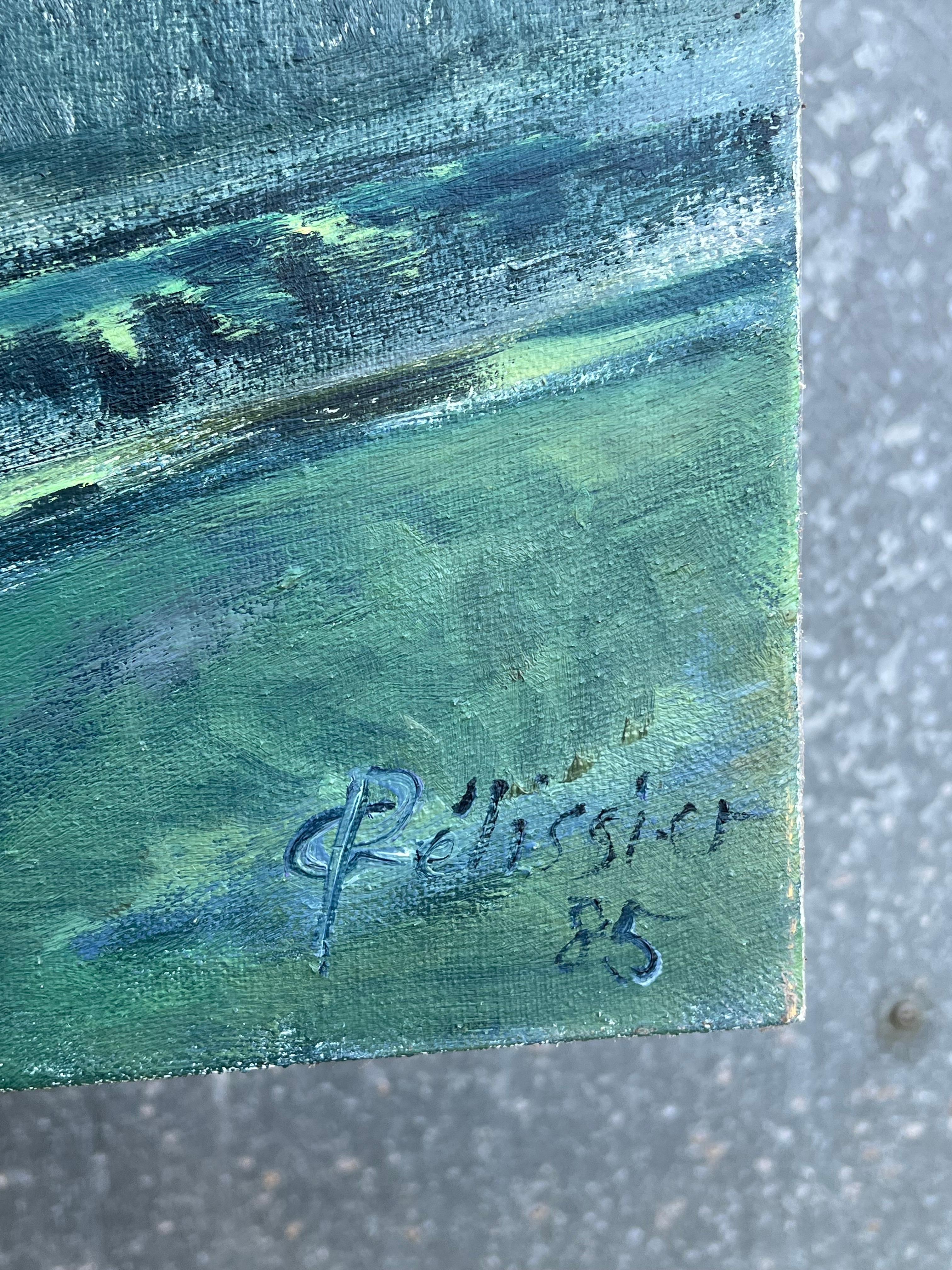 Pintura expresionista francesa de los años 80 Paisaje verde de colinas y valles ondulantes en venta 4