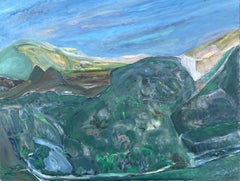 Pintura expresionista francesa de los años 80 Paisaje verde de colinas y valles ondulantes