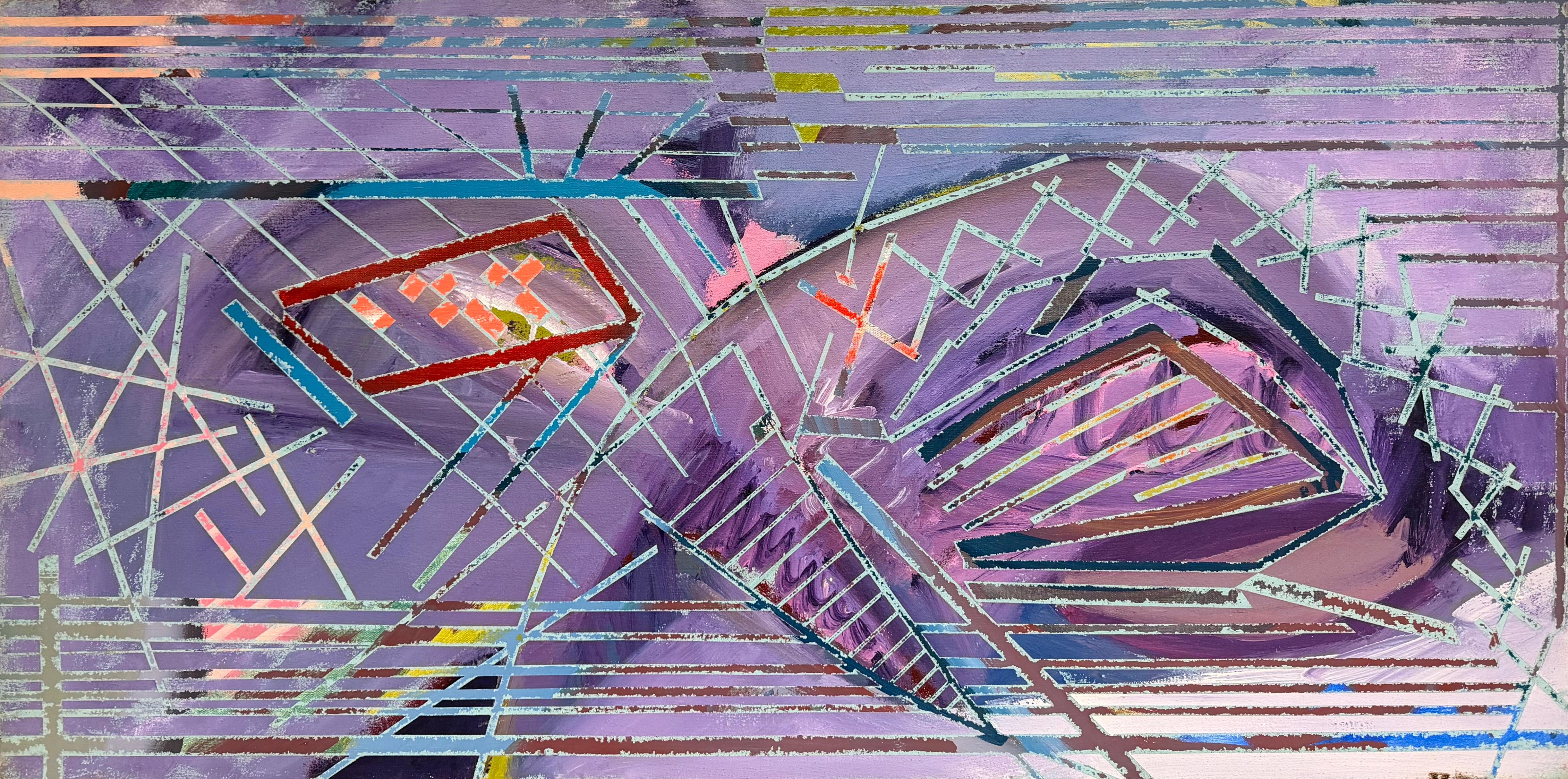 20thC French Geometric Abstract Expressionist Purple Composition Oil Painting