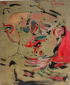 A Surreal Face in a Vibrant Swirl of Red Abstract French 20th Century Painting