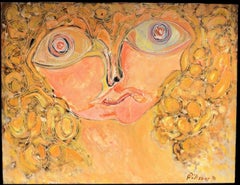 Abstract Expressionist Portrait with Golden Curls and Surreal Eyes in Orange