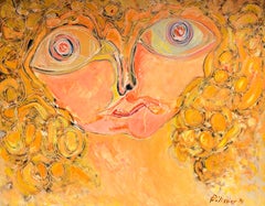Abstract Expressionist Portrait with Golden Curls and Surreal Eyes in Orange