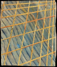 Abstract Geometric Composition with Diagonal Gold Grid on Blue Ground