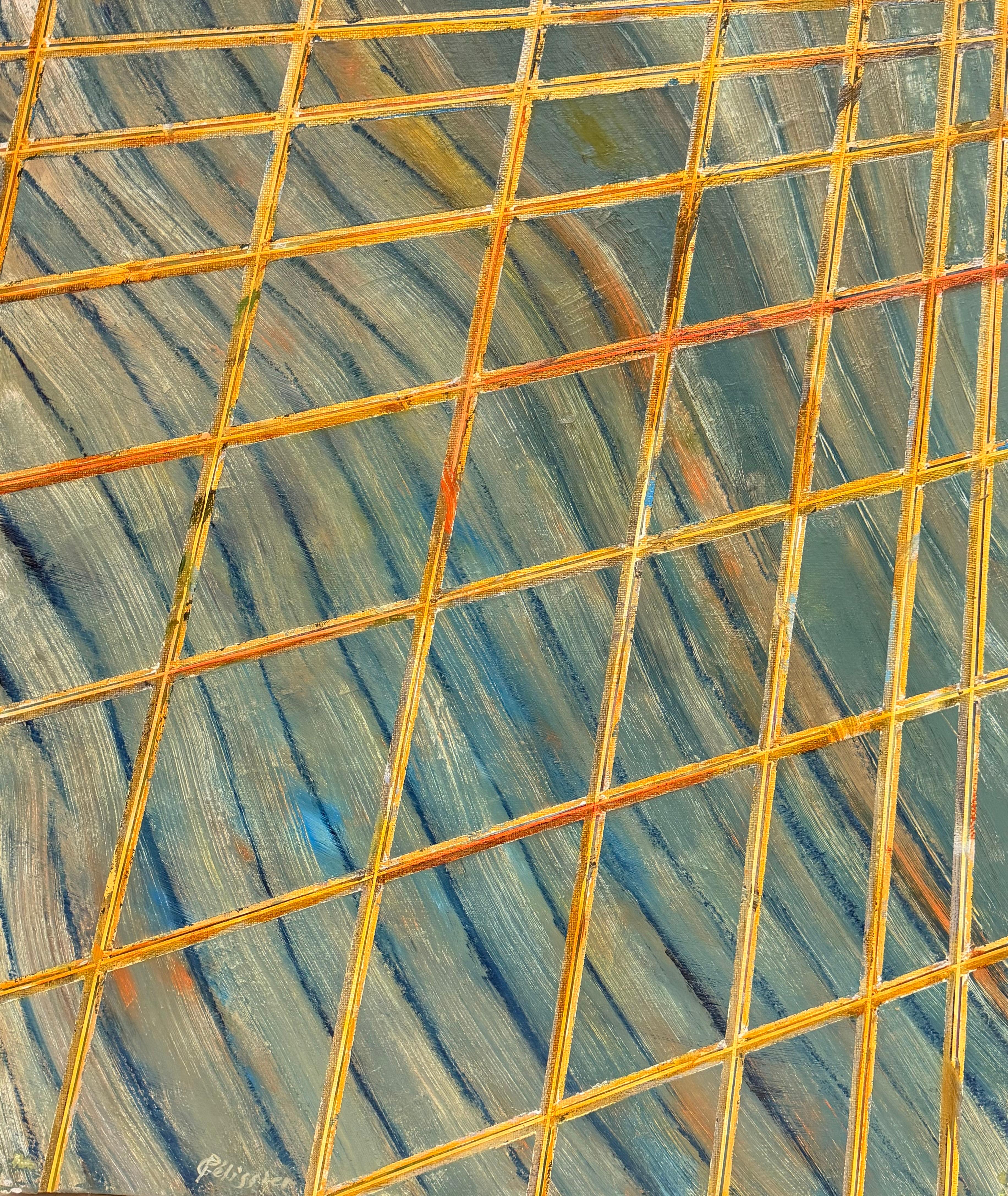 Abstract Painting Gilbert Pelissier - Composition géométrique abstraite avec une grille diagonale dorée sur fond bleu