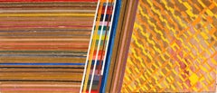 Composizione geometrica astratta con strisce arcobaleno e pannelli decorati