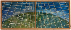 Paisaje geométrico abstracto en azul y verde con paneles con diseño de cuadrícula
