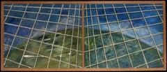 Paysage géométrique abstrait en bleu et vert, composé de panneaux à motifs quadrillés