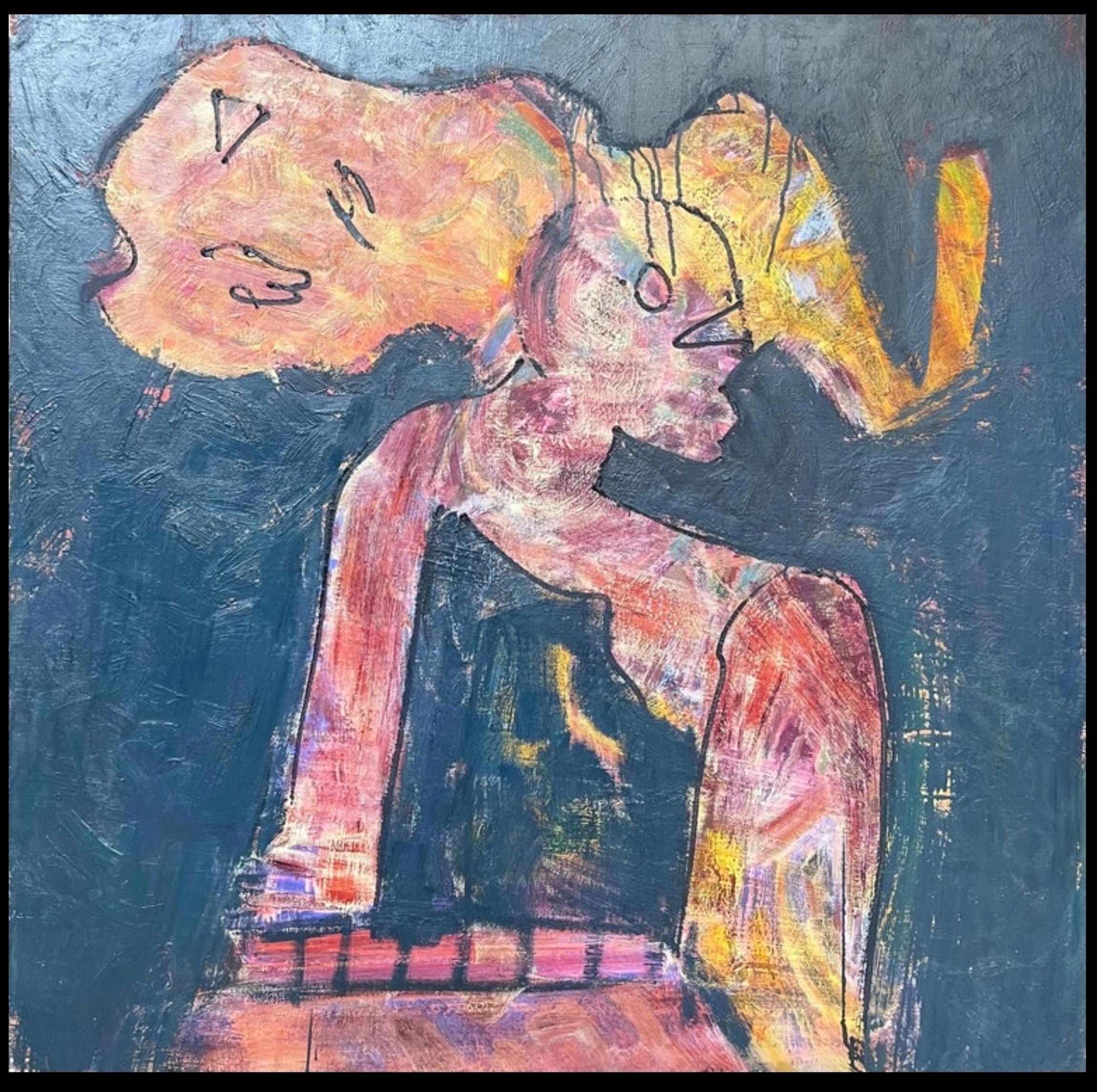 Figura astratta in posa su sfondo marino Pittura francese del XX secolo - Painting di Gilbert Pelissier