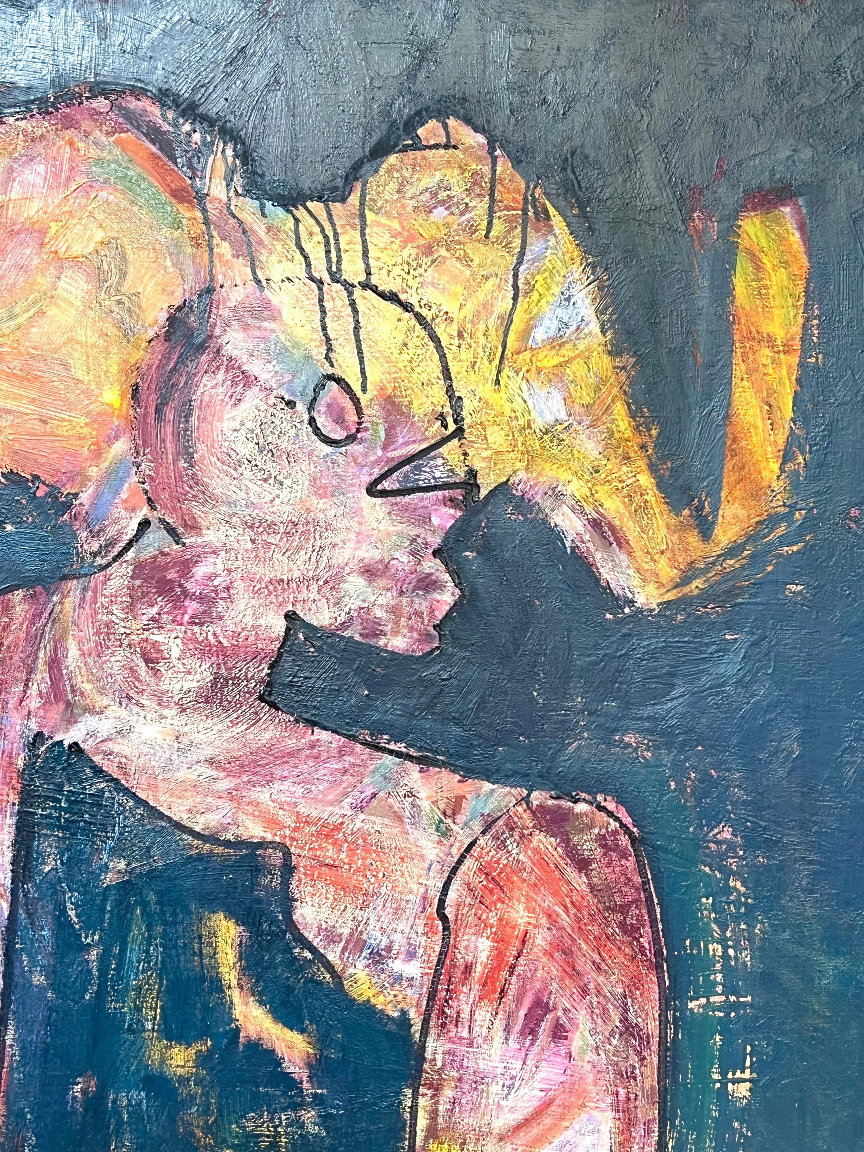 Figura astratta in posa su sfondo marino Pittura francese del XX secolo - Abstract Painting Grigio di Gilbert Pelissier
