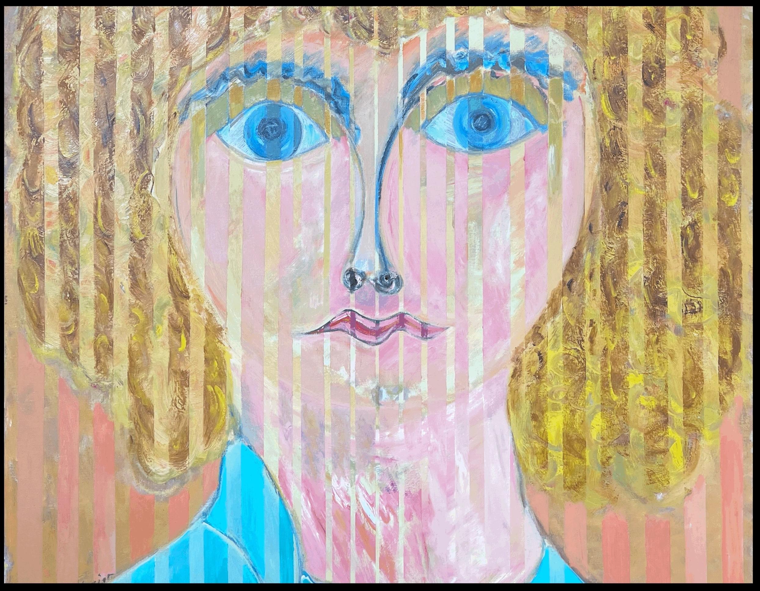 Blondes Porträt mit blauen Augen und vertikalen Linien, abstraktes französisches Gemälde – Painting von Gilbert Pelissier