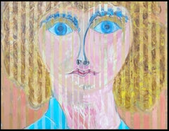 Blonde Portrait with Blue Eyes with Vertical Lines Abstract French Painting