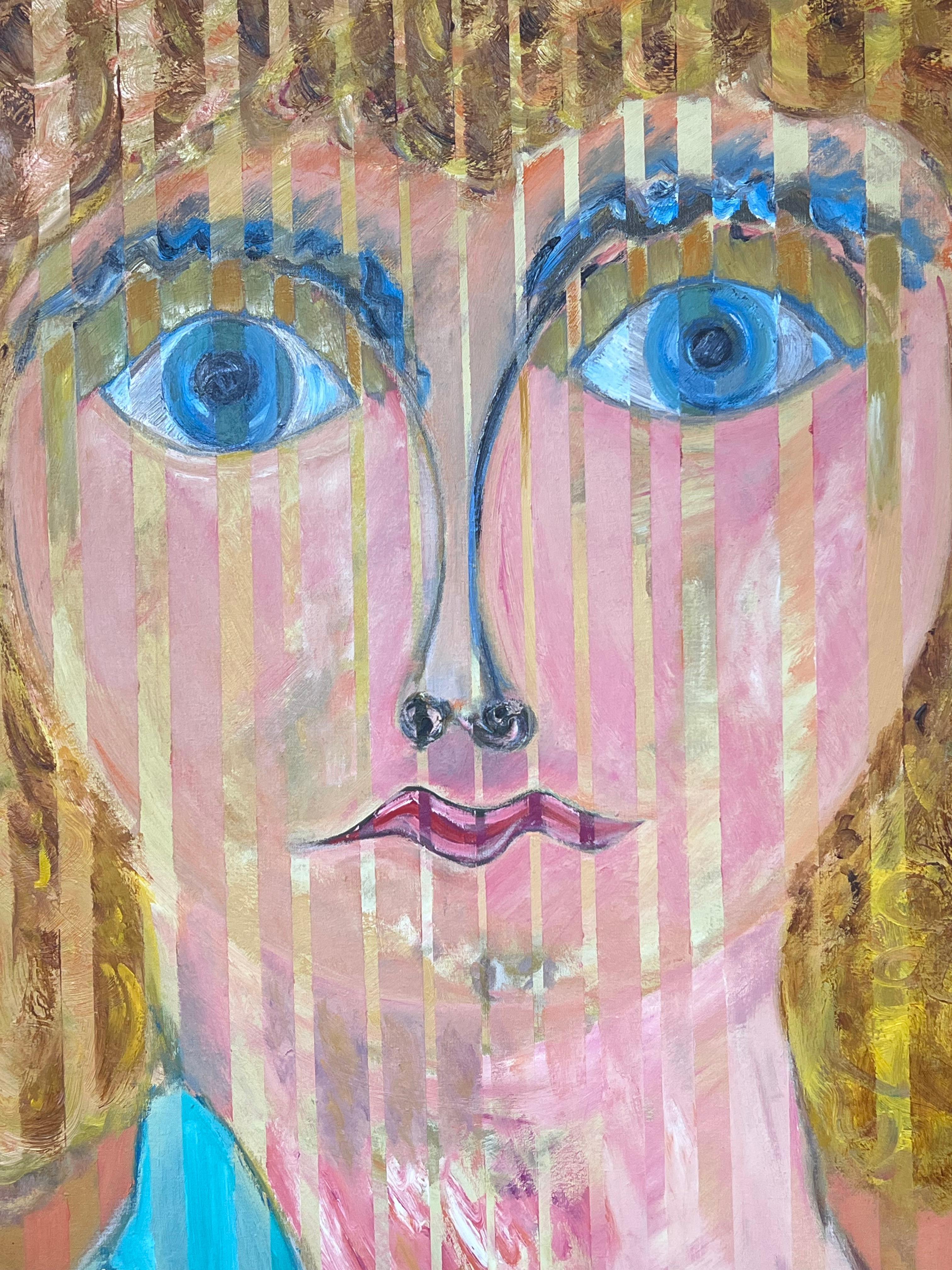 Blondes Porträt mit blauen Augen und vertikalen Linien, abstraktes französisches Gemälde (Abstrakter Expressionismus), Painting, von Gilbert Pelissier
