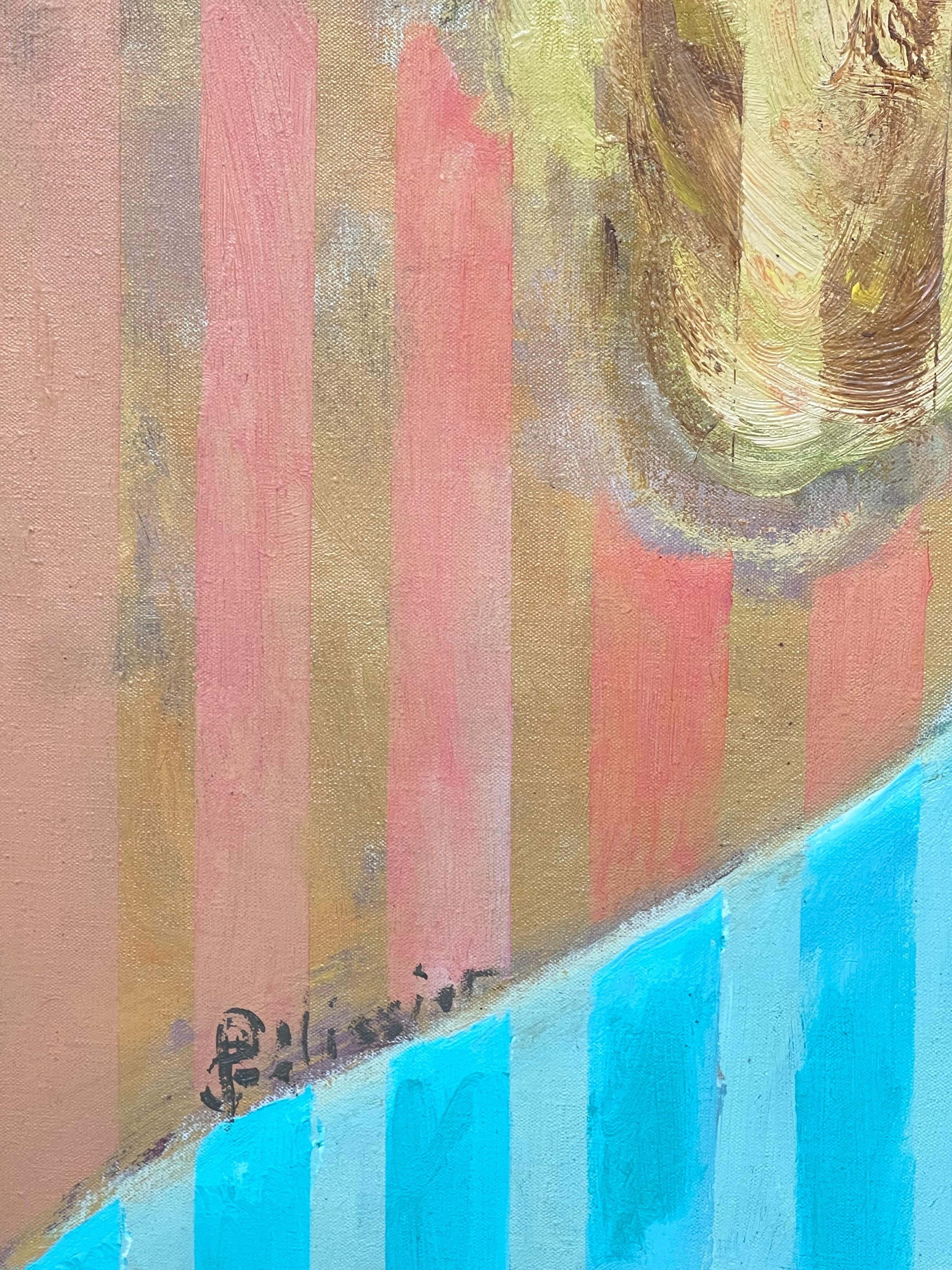 Blondes Porträt mit blauen Augen und vertikalen Linien, abstraktes französisches Gemälde (Beige), Abstract Painting, von Gilbert Pelissier