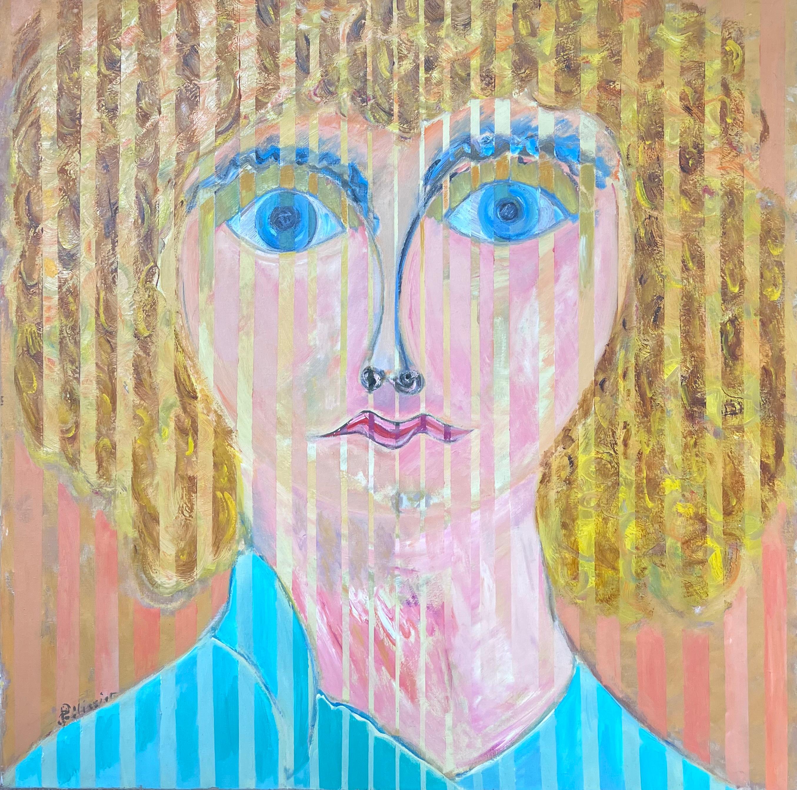 Ritratto biondo con occhi blu e linee verticali Pittura astratta francese