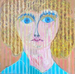 Ritratto biondo con occhi blu e linee verticali Pittura astratta francese