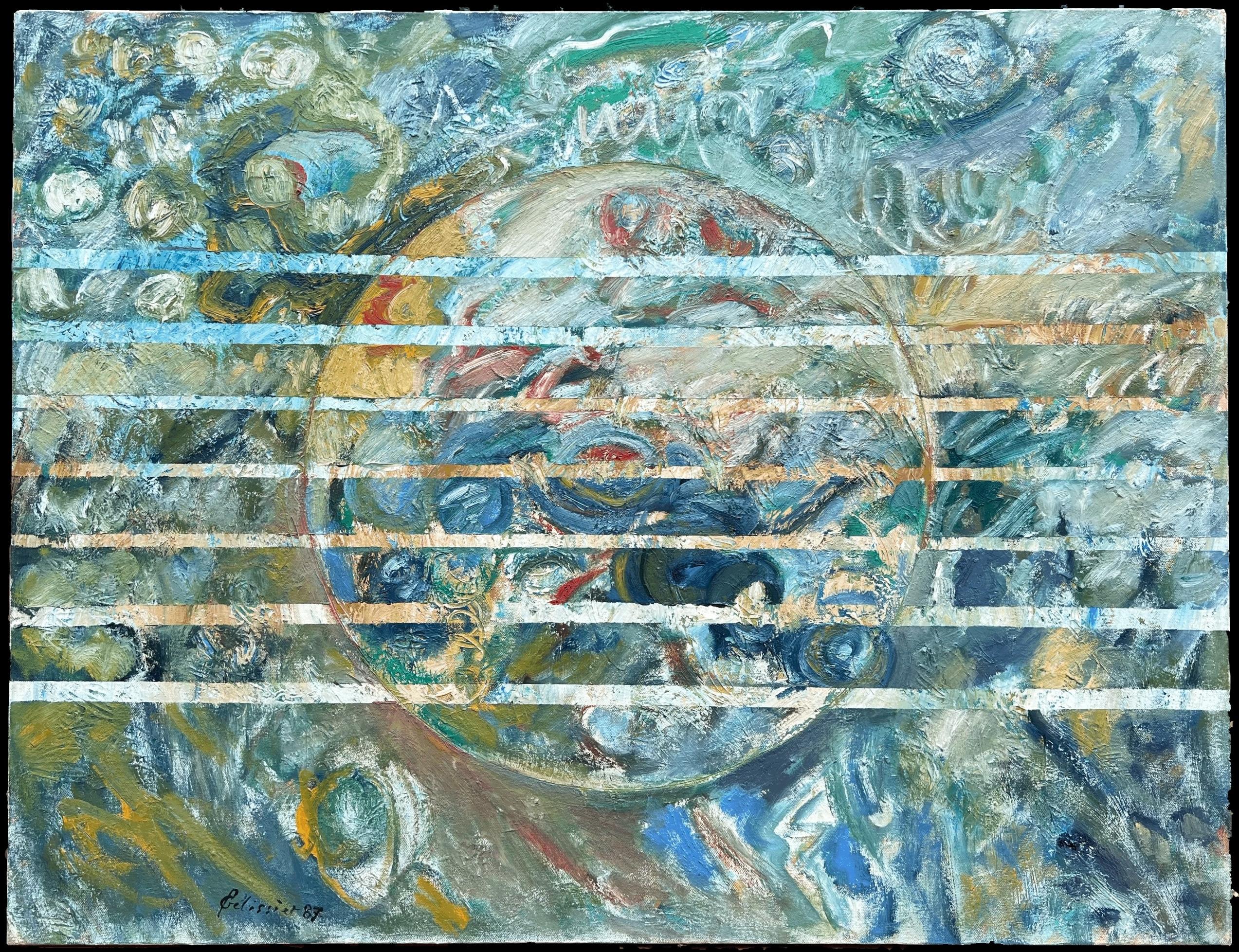 Vortici blu e verdi sovrapposti a strisce orizzontali Astratto francese  Pittura - Painting di Gilbert Pelissier