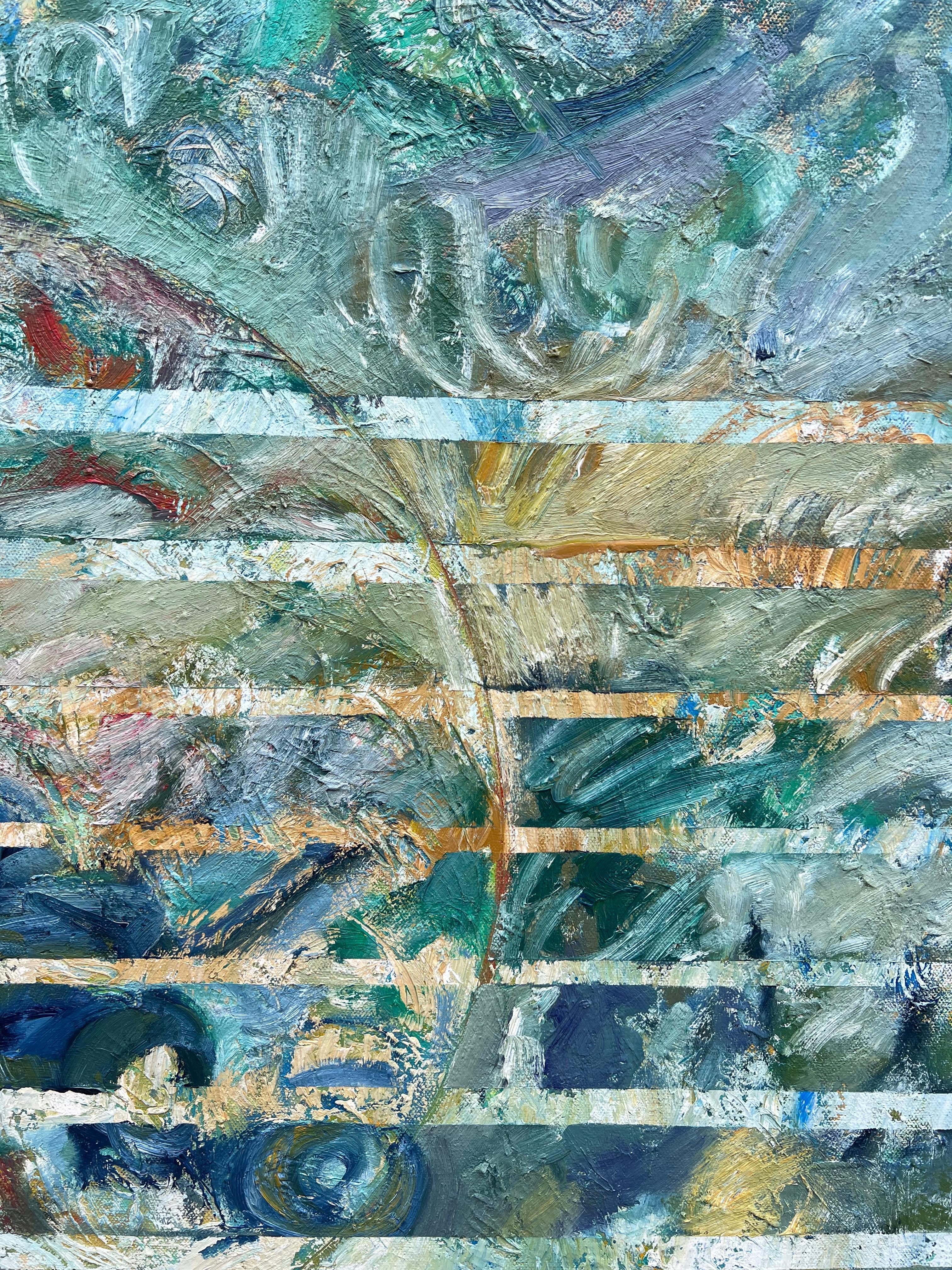 Vortici blu e verdi sovrapposti a strisce orizzontali Astratto francese  Pittura - Abstract Painting Grigio di Gilbert Pelissier