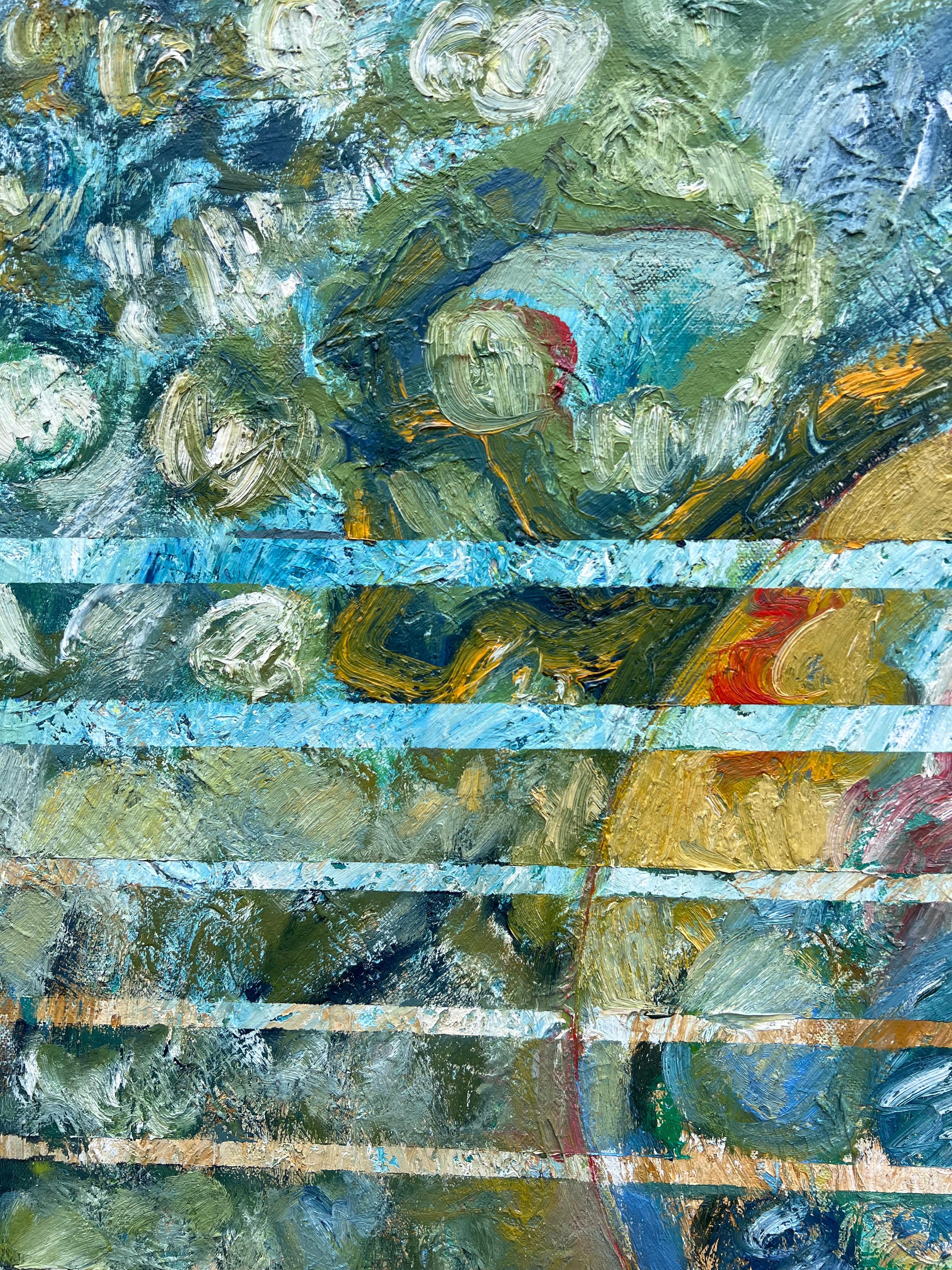 Vortici blu e verdi sovrapposti a strisce orizzontali Astratto francese  Pittura in vendita 1