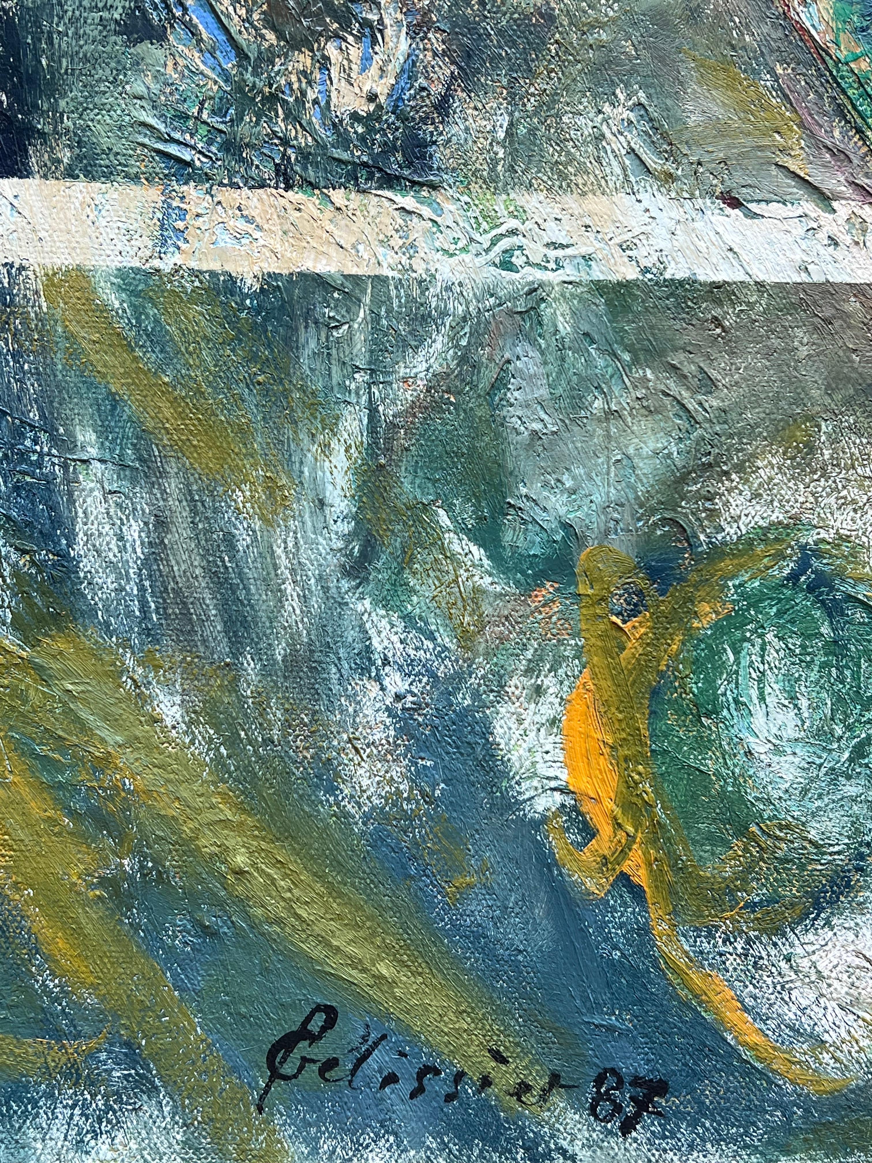 Vortici blu e verdi sovrapposti a strisce orizzontali Astratto francese  Pittura in vendita 2