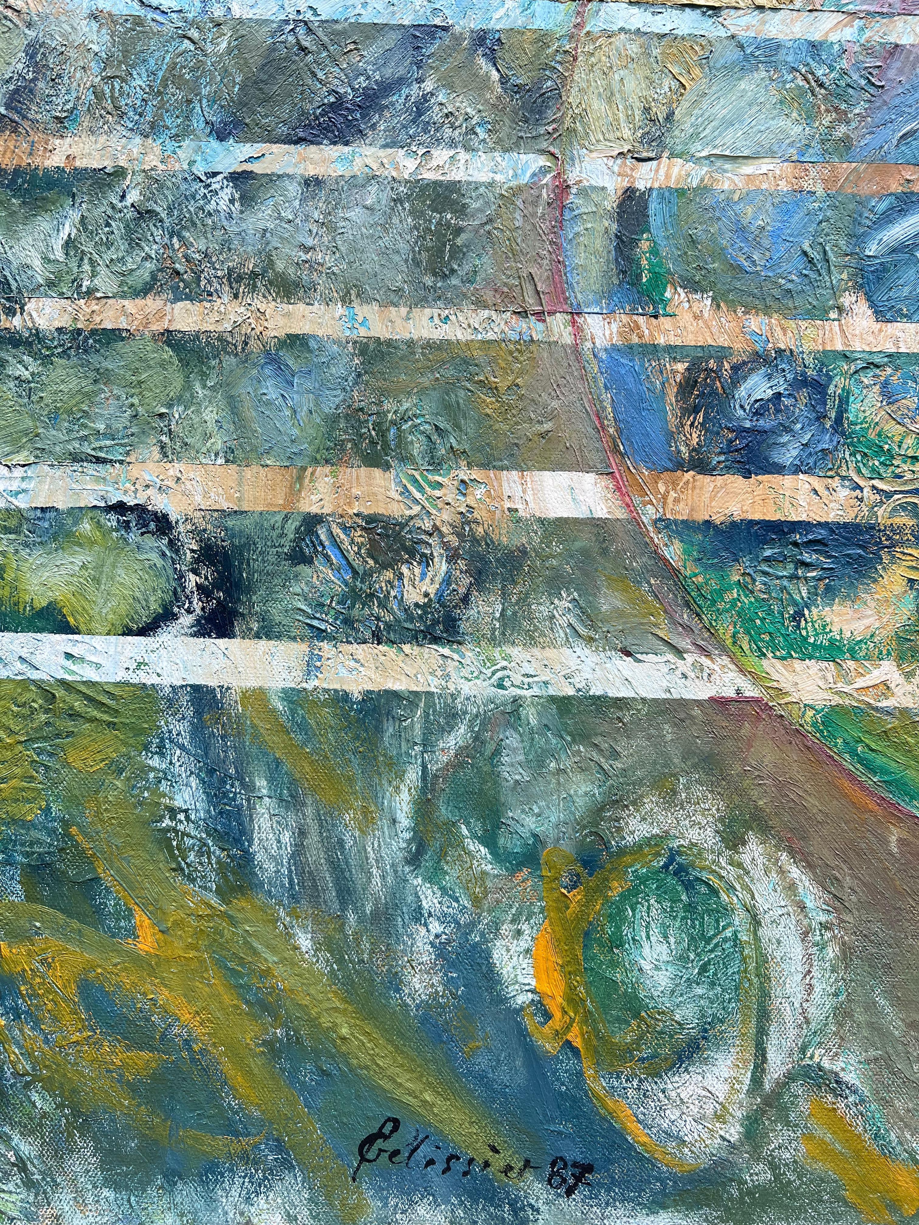 Vortici blu e verdi sovrapposti a strisce orizzontali Astratto francese  Pittura in vendita 3