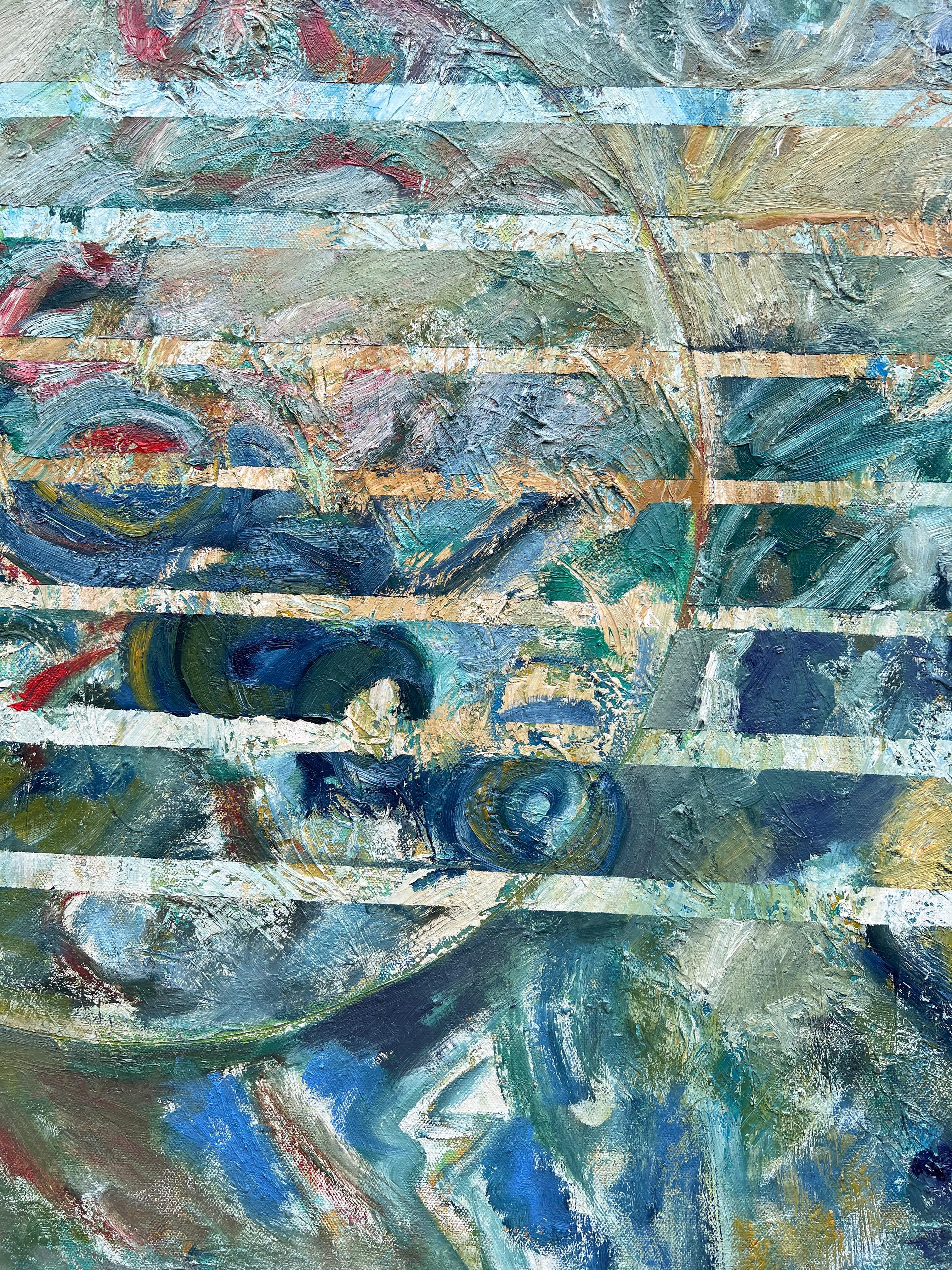 Vortici blu e verdi sovrapposti a strisce orizzontali Astratto francese  Pittura in vendita 4