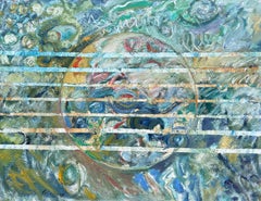 Blue and Green Swirls Overlaid in Horizontal Stripes Abstract French  Painting