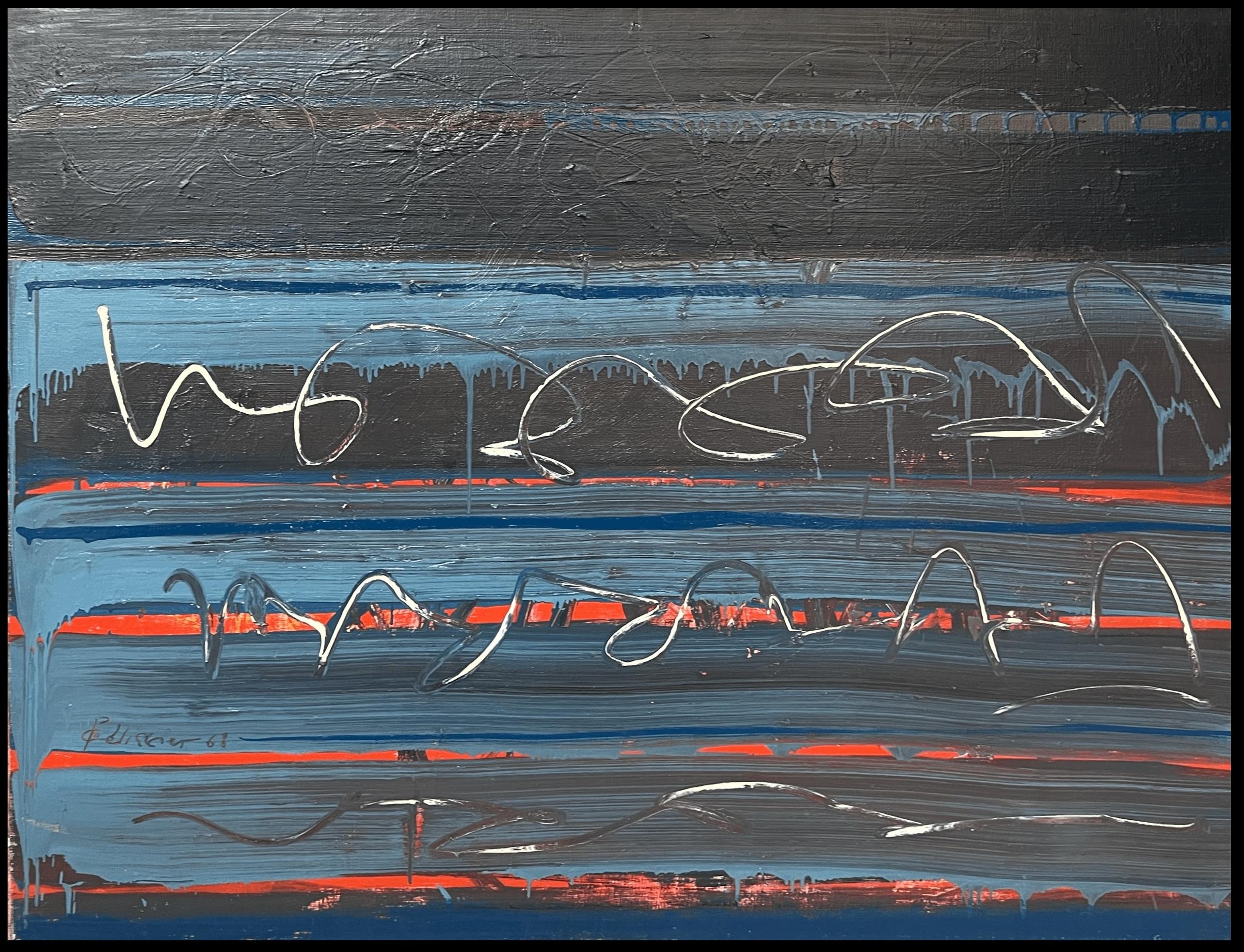 Abstraktes französisches Streak-Gemälde des 20. Jahrhunderts in Blau, Schwarz und Rot, Streak, geschichtet – Painting von Gilbert Pelissier