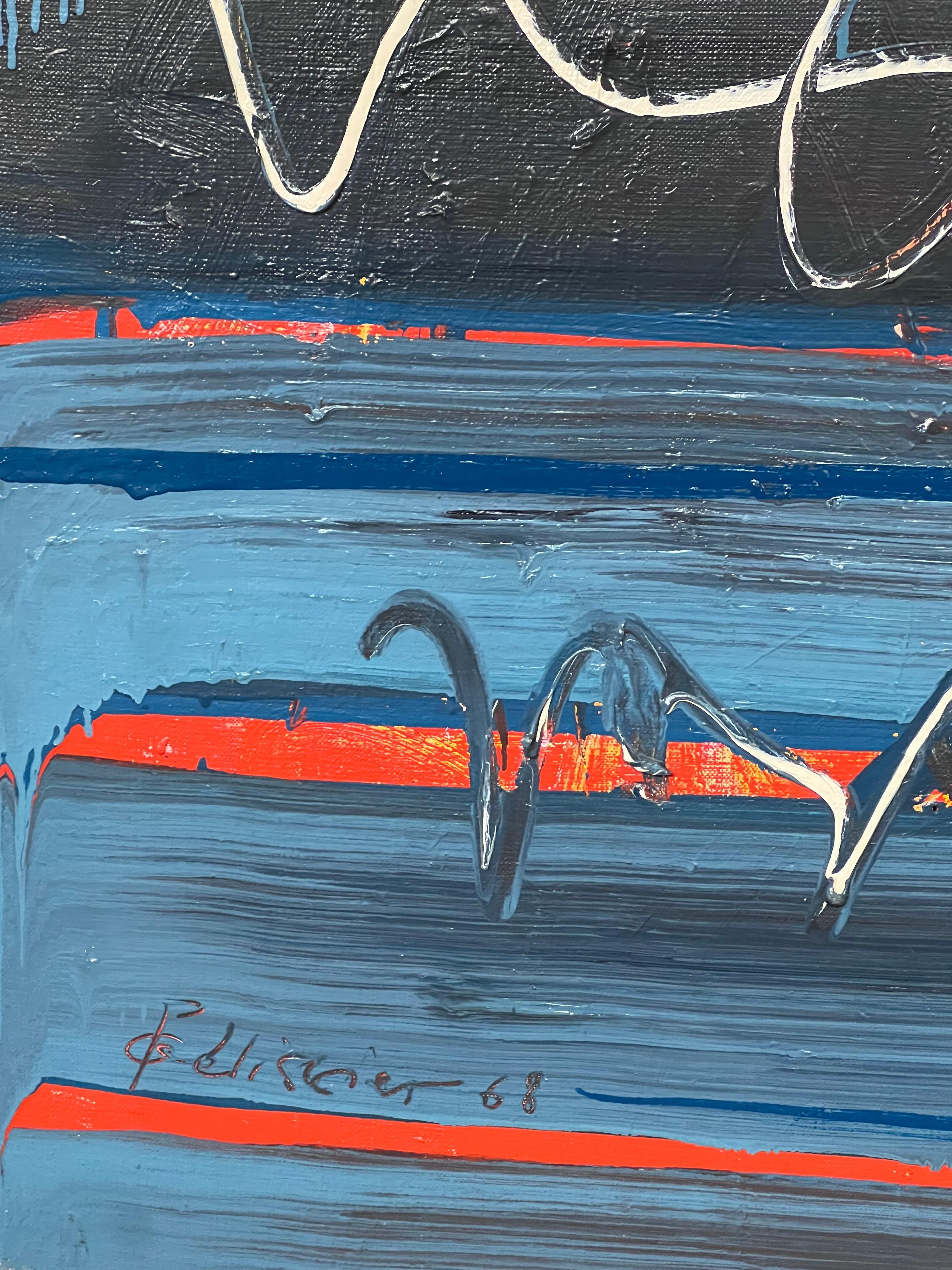 Abstraktes französisches Streak-Gemälde des 20. Jahrhunderts in Blau, Schwarz und Rot, Streak, geschichtet (Abstrakter Expressionismus), Painting, von Gilbert Pelissier