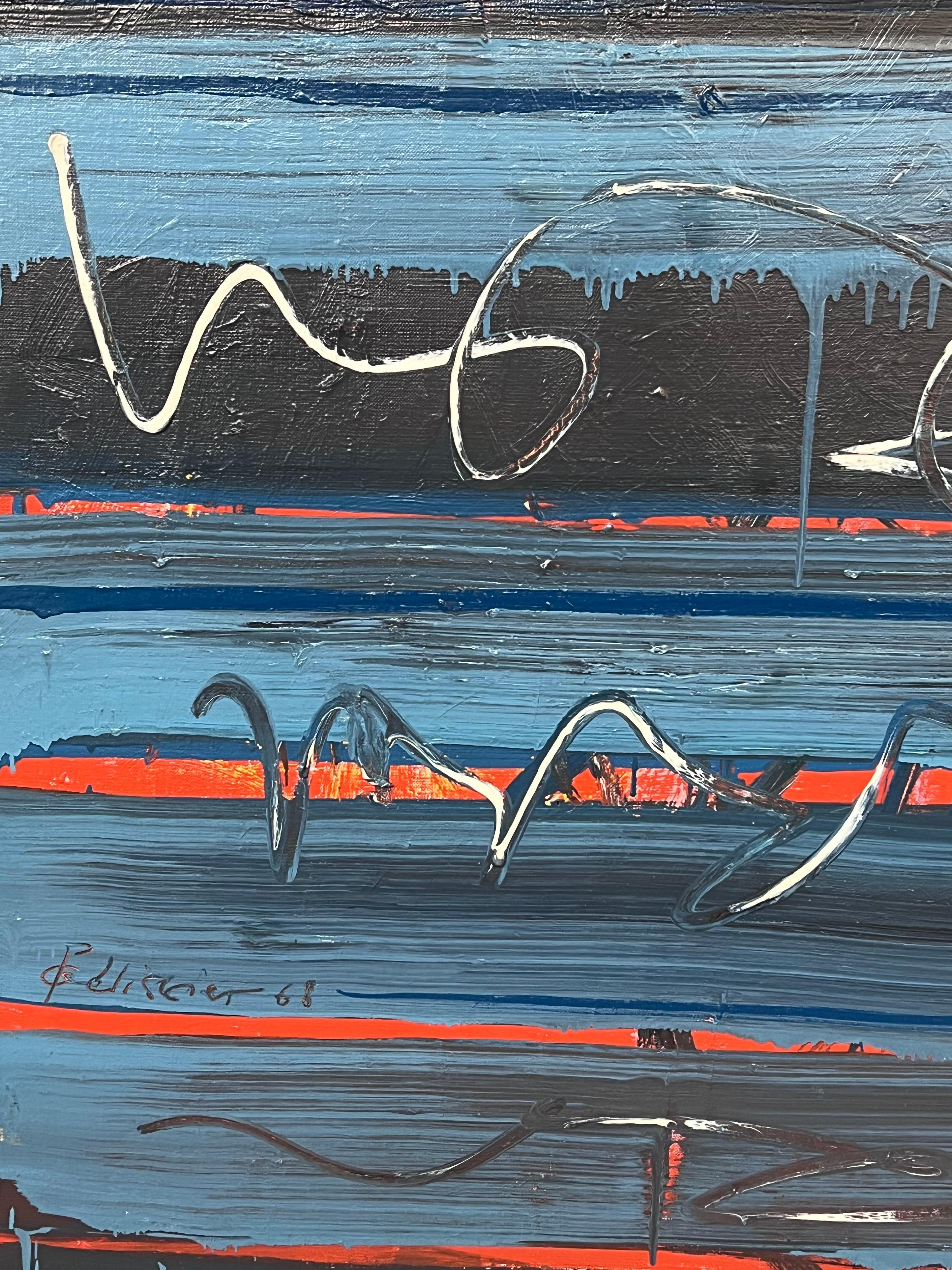Abstraktes französisches Streak-Gemälde des 20. Jahrhunderts in Blau, Schwarz und Rot, Streak, geschichtet (Grau), Abstract Painting, von Gilbert Pelissier