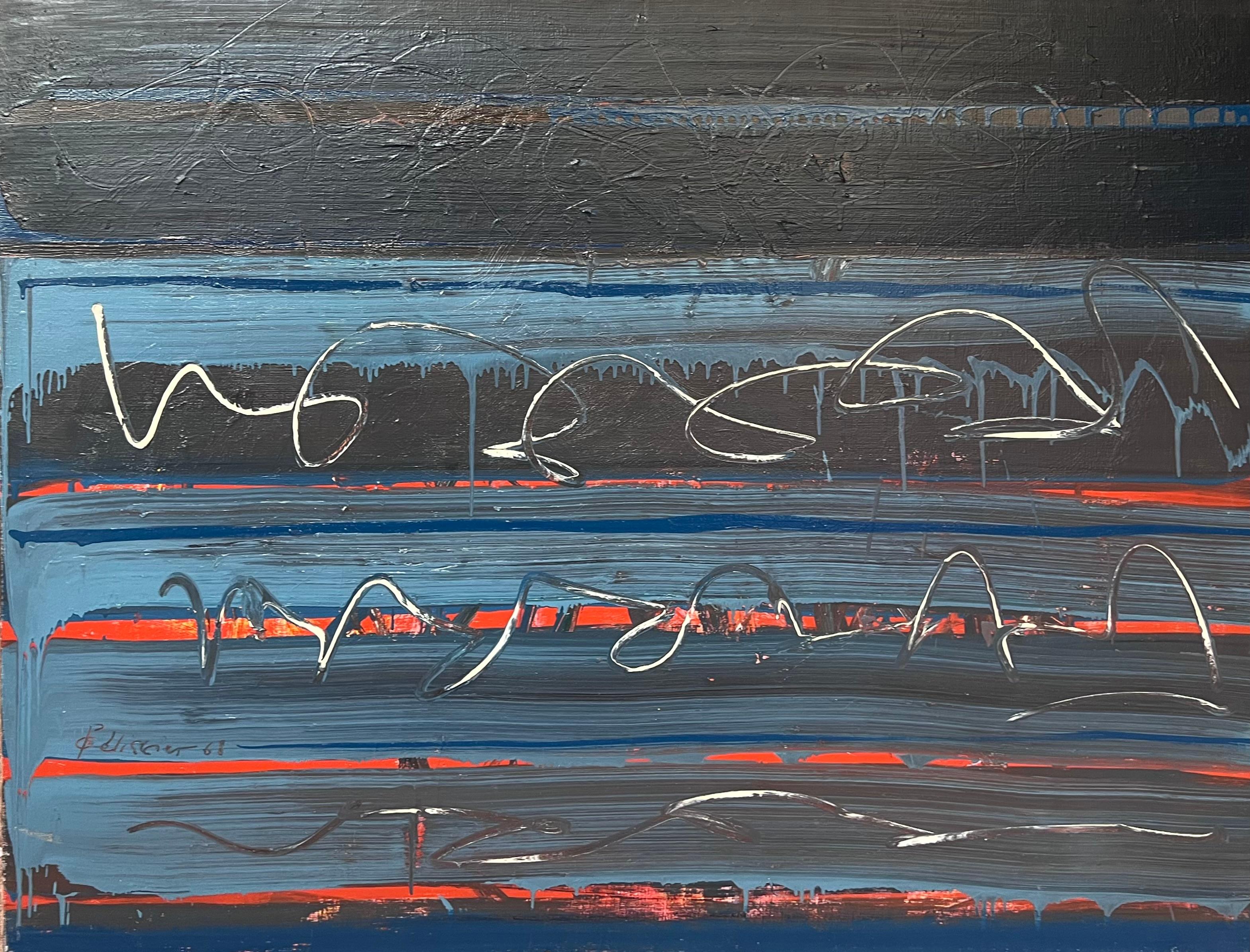 Gilbert Pelissier Abstract Painting – Abstraktes französisches Streak-Gemälde des 20. Jahrhunderts in Blau, Schwarz und Rot, Streak, geschichtet