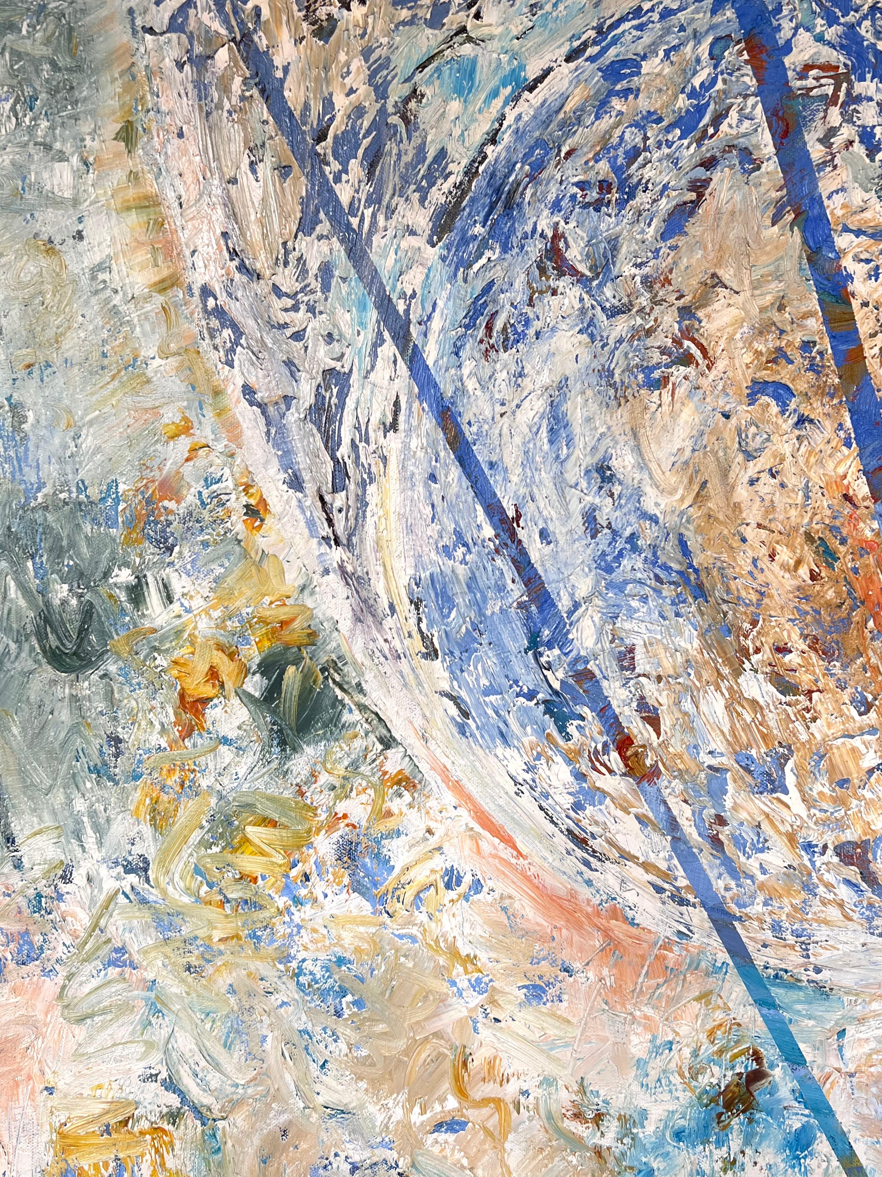 Peinture française abstraite aux lignes et formes diagonales bleu, jaune et orange en vente 5