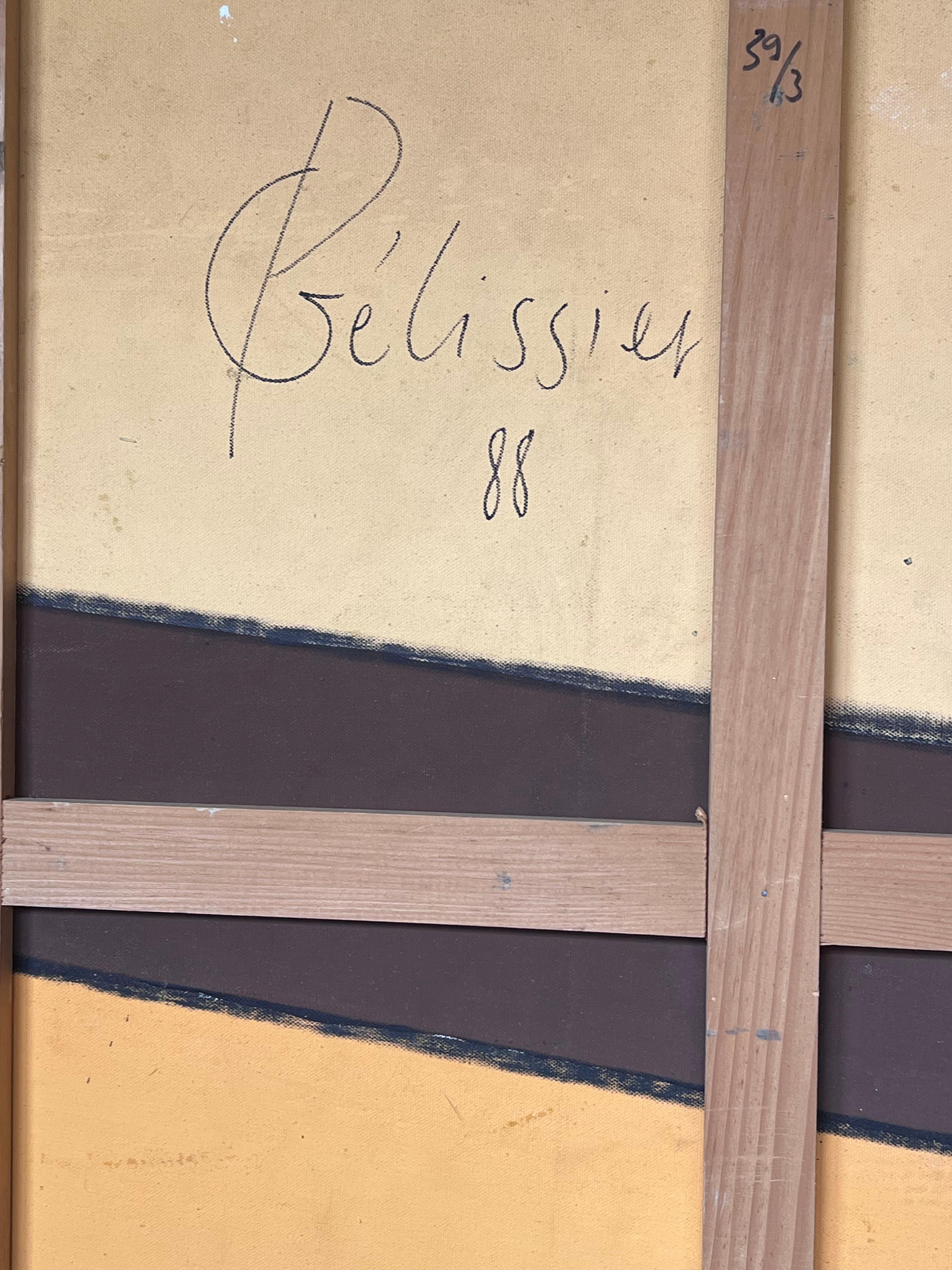 Peinture française abstraite aux lignes et formes diagonales bleu, jaune et orange en vente 6